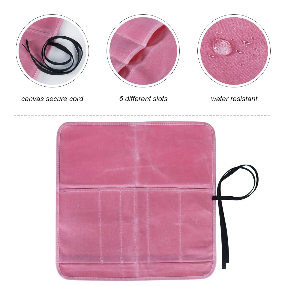 Heavy Duty Waxed Canvas Knife Roll Bag with 6 Slots - Professional Chef Knife Pouch Holder for Kitchen, Travel & Camping - Durable Pink Knife Storage for Home & Outdoor Use