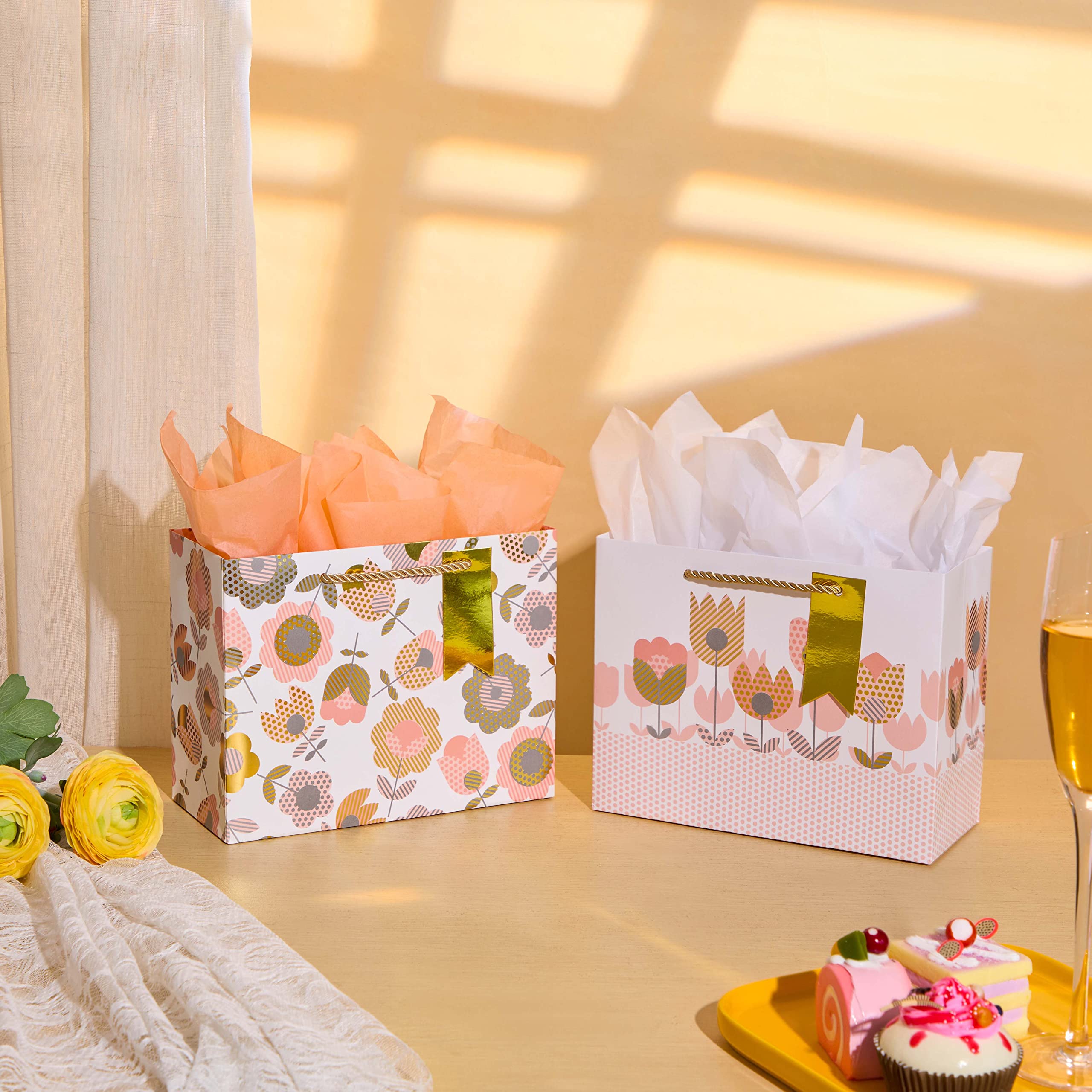 SUNCOLOR 2-Pack 9 Inch Small Gift Bags with Tissue Paper for Women - Floral Tulip Design | Perfect for Birthday, Wedding, Baby Shower & Party Favors