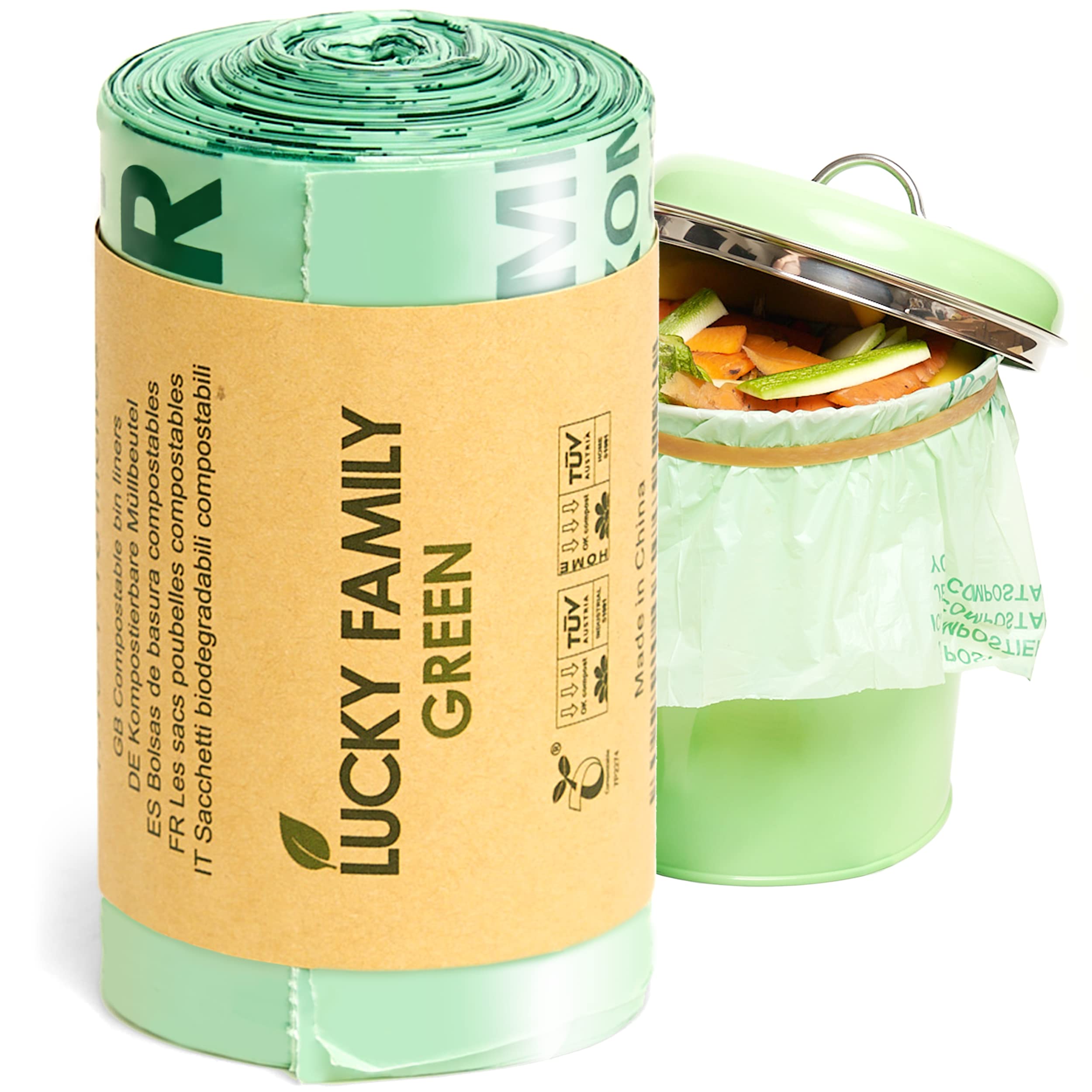 Lucky Family 13 Gallon Compostable Trash Bags - 100% Biodegradable & Eco-Friendly Kitchen Waste Bags for Food Scraps - 25 Count Roll - Perfect for Countertop Compost Bins, Organic Waste Disposal & Sustainable Living