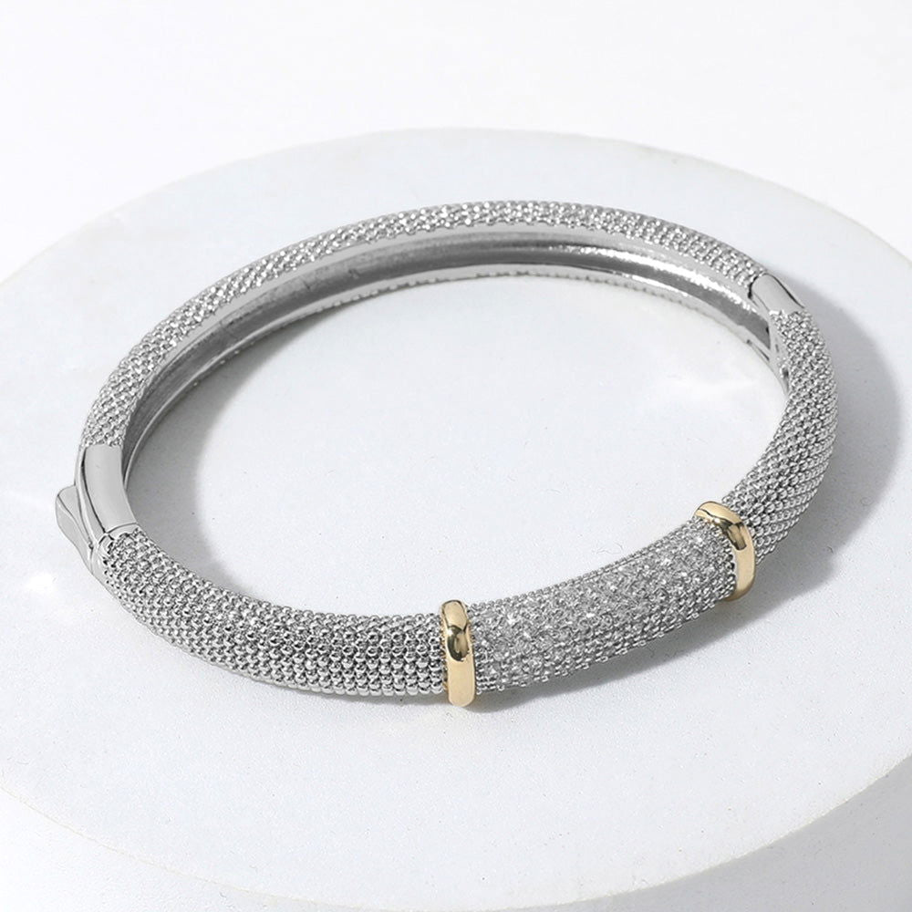 Silver CZ Stone Two-Tone Mesh Hinged Bangle Bracelet for Women - Elegant Jewelry Gift for Birthday, Anniversary & Special Occasions
