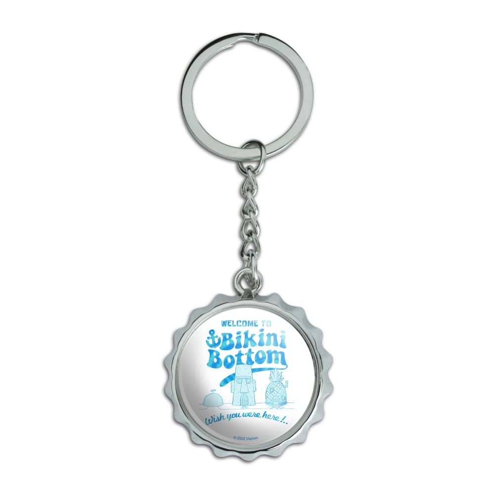 SpongeBob Bikini Bottom Welcome Keychain - Chrome Plated Metal Bottle Opener with Pop Cap - Perfect for Home Bars, Beach Parties & Collectible Gifts