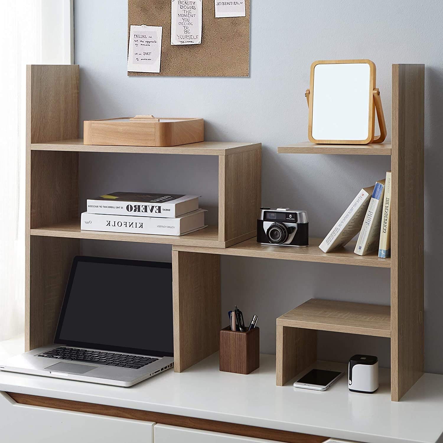 Compact Adjustable Dorm Desk Bookshelf - Space Saving Tan Wood Organizer for Small Rooms, Study Nooks & College Dorm Essentials