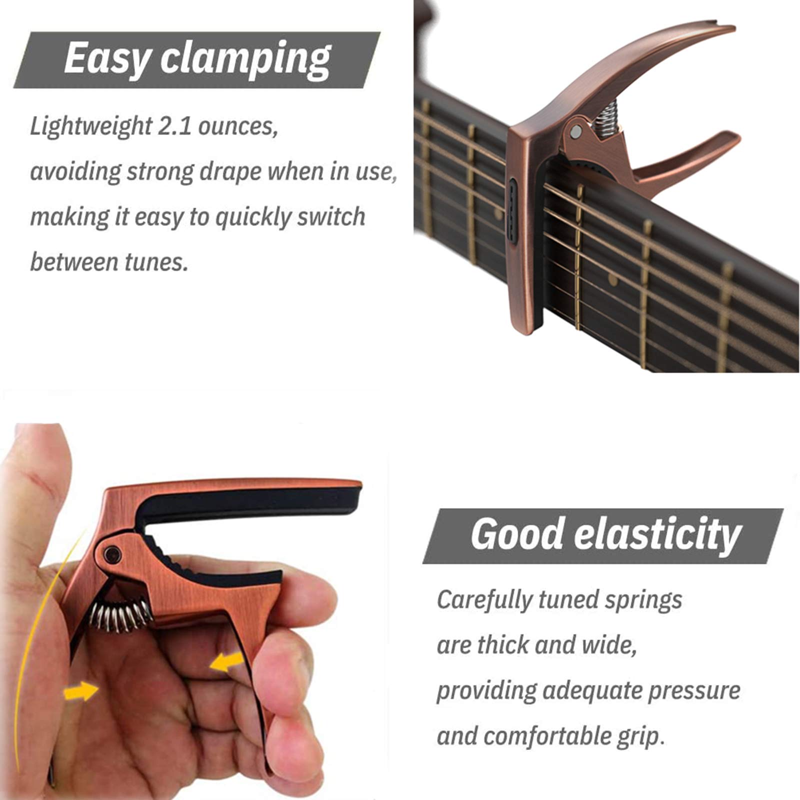 3 in 1 Guitar Capo for Acoustic & Electric Guitars with Storage Bag & Picks - Premium Bronze String Accessories - Perfect for Live Performances, Studio Recording & Practice Sessions