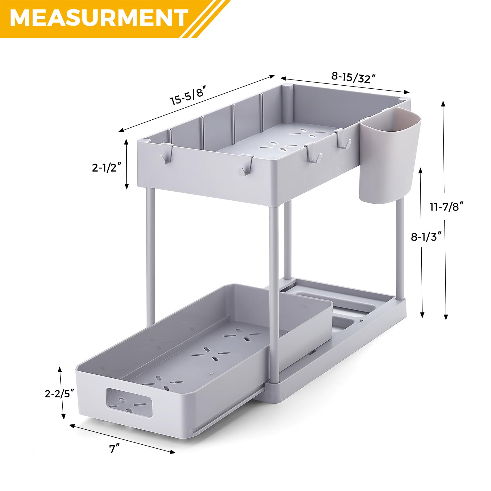 Ravinte 1 Pack Pull Out Under Sink Organizer - 2 Tier Sliding Cabinet Storage for Bathroom & Kitchen - Multi-Purpose Sink Organizer with Hook & Hanging Cup (Grey) - Perfect for Small Spaces, Clutter-Free Organization Under Sink