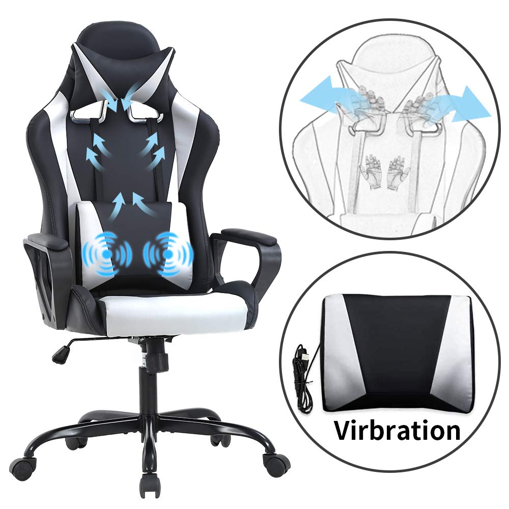 Racing Style Gaming Chair - Ergonomic High Back Office Chair with Adjustable Headrest & Lumbar Support - White Leather Computer Desk Chair for Gaming, Work & Home Office Use