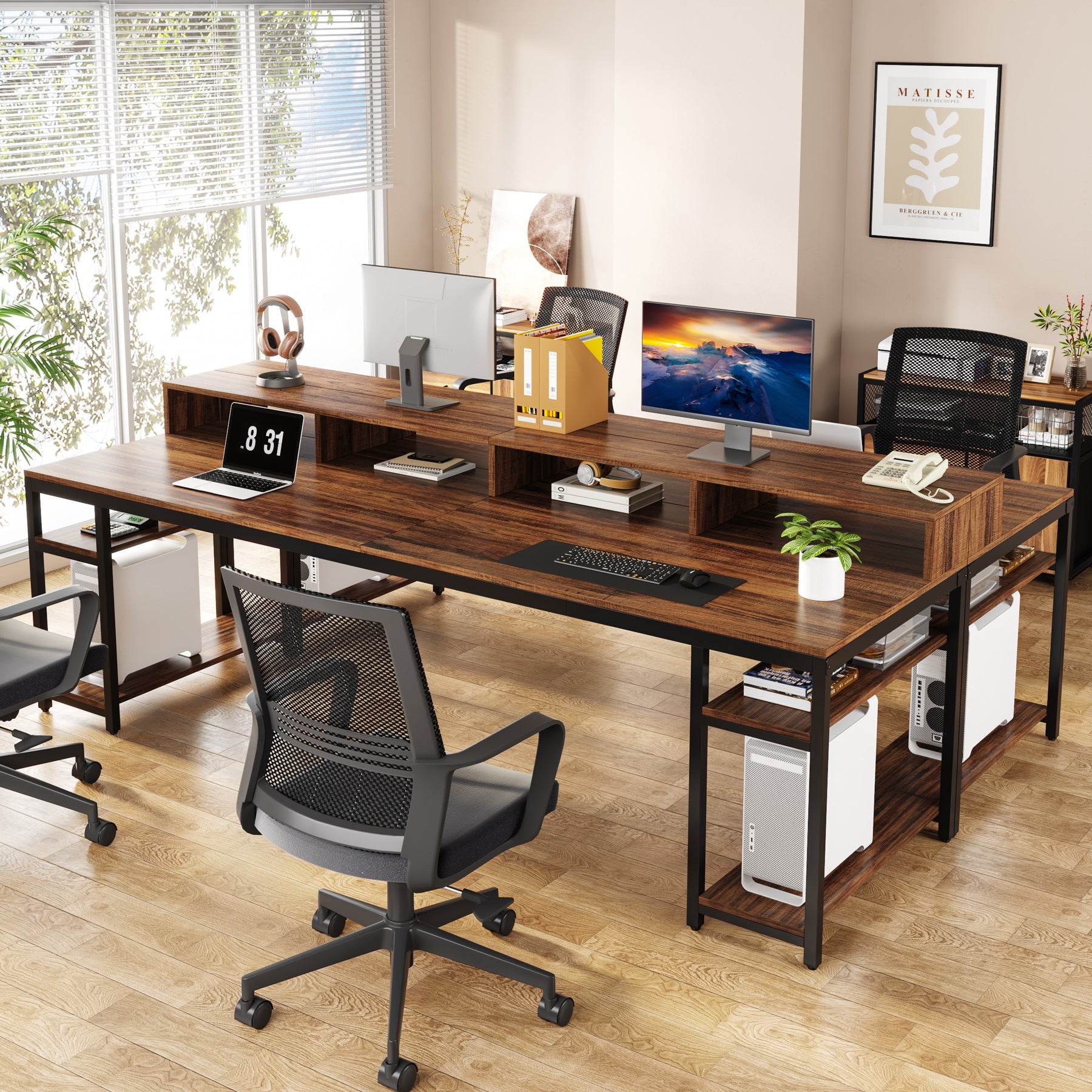 Two Person Desk - 78.7 Inch Large Computer Desk with Monitor Stand & 4 Open Shelves for Home Office, Gaming Setup, and Workspace Organization