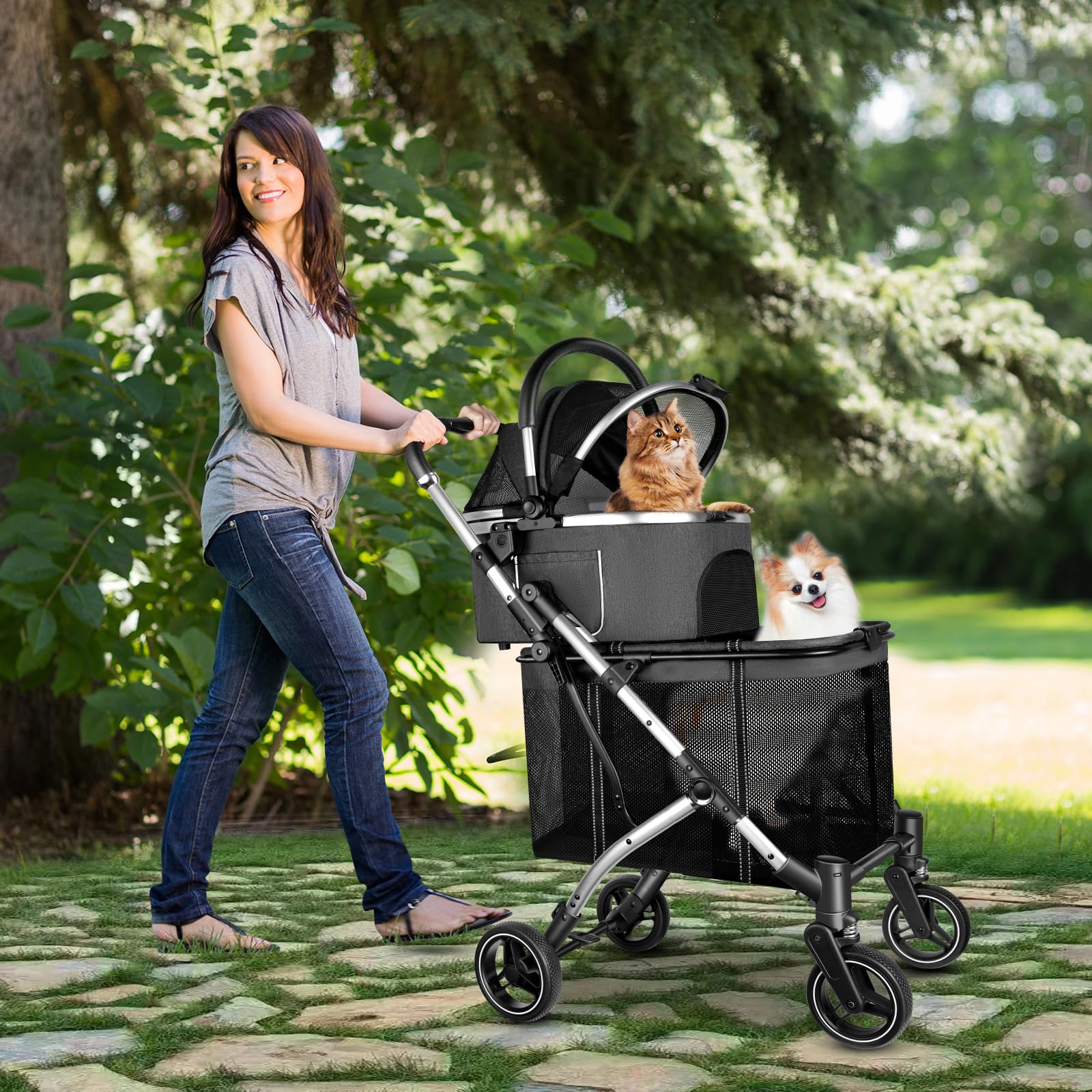 Premium Double Pet Stroller for 2 Dogs or Cats - One-Hand Foldable Design with Detachable Carrier, Safety Belt & Lockable Wheels - Heavy Duty Stroller for Small/Medium Pets up to 52LBS (Gray) - Perfect for Park Walks, Vet Visits & Travel Adventures