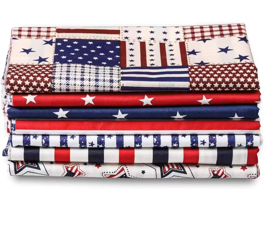 AMORNPHAN 7-Piece Patriotic Cotton Fabric Bundle - 4th of July American Flag Stripe Quilting Squares (16x20 Inches) for DIY Crafts, Sewing, Patchwork & Needlework | Perfect for Holiday Decorations, Quilt Making & Home Décor Projects