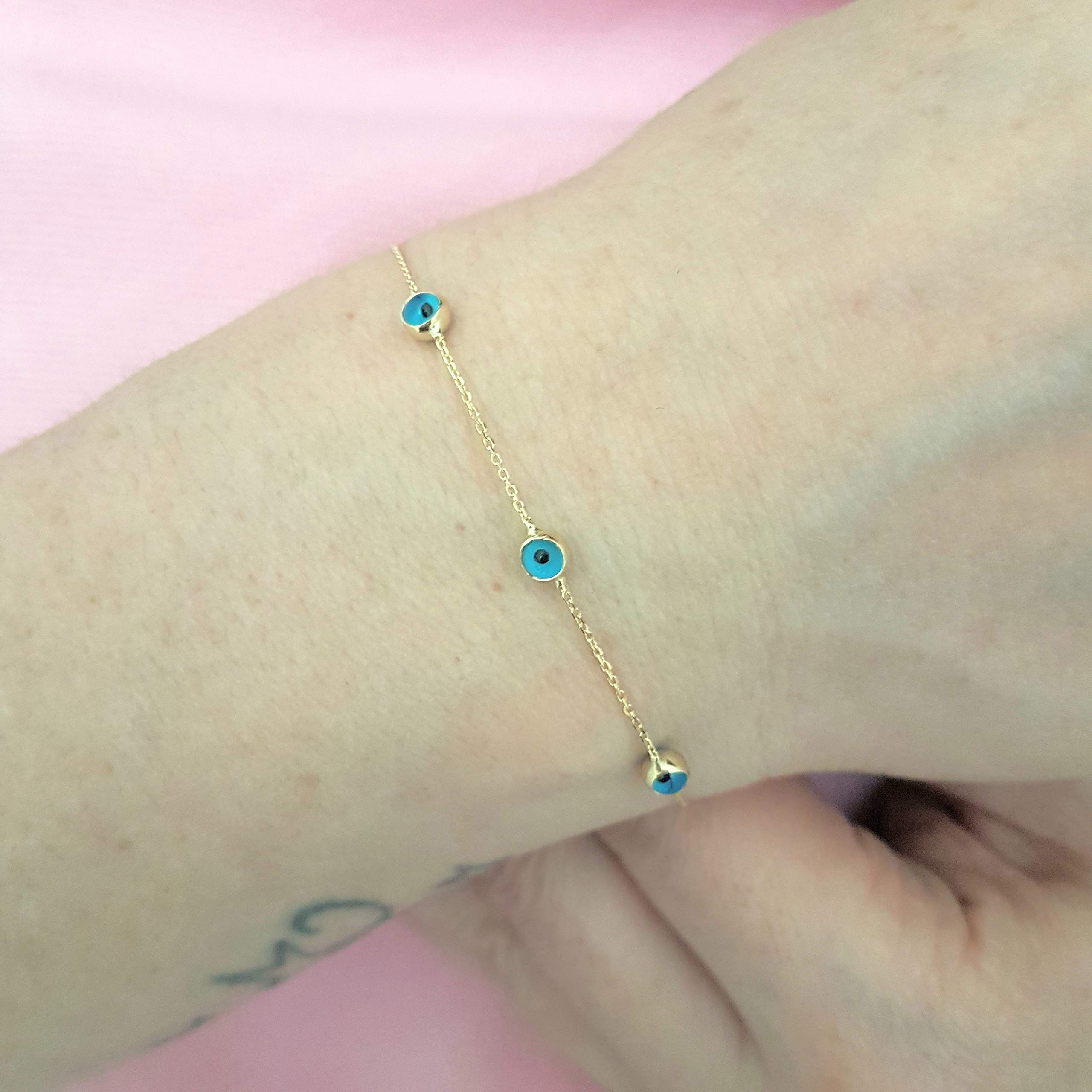 14K Solid Gold Evil Eye Bracelet for Women - Two-Sided Dainty Beaded Turkish Jewelry with Bezel Station Links | Protection Charm for Everyday Wear, Gift for Her, Spiritual Jewelry for Positive Energy