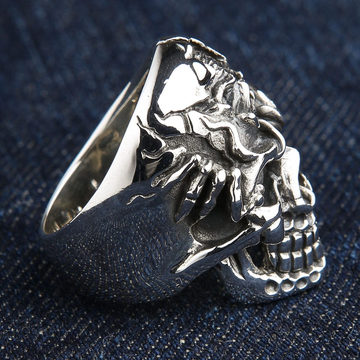 Gothic Devil Sterling Silver Skull Ring for Men & Women - Dark Fashion Jewelry for Halloween, Punk Style & Gothic Outfits