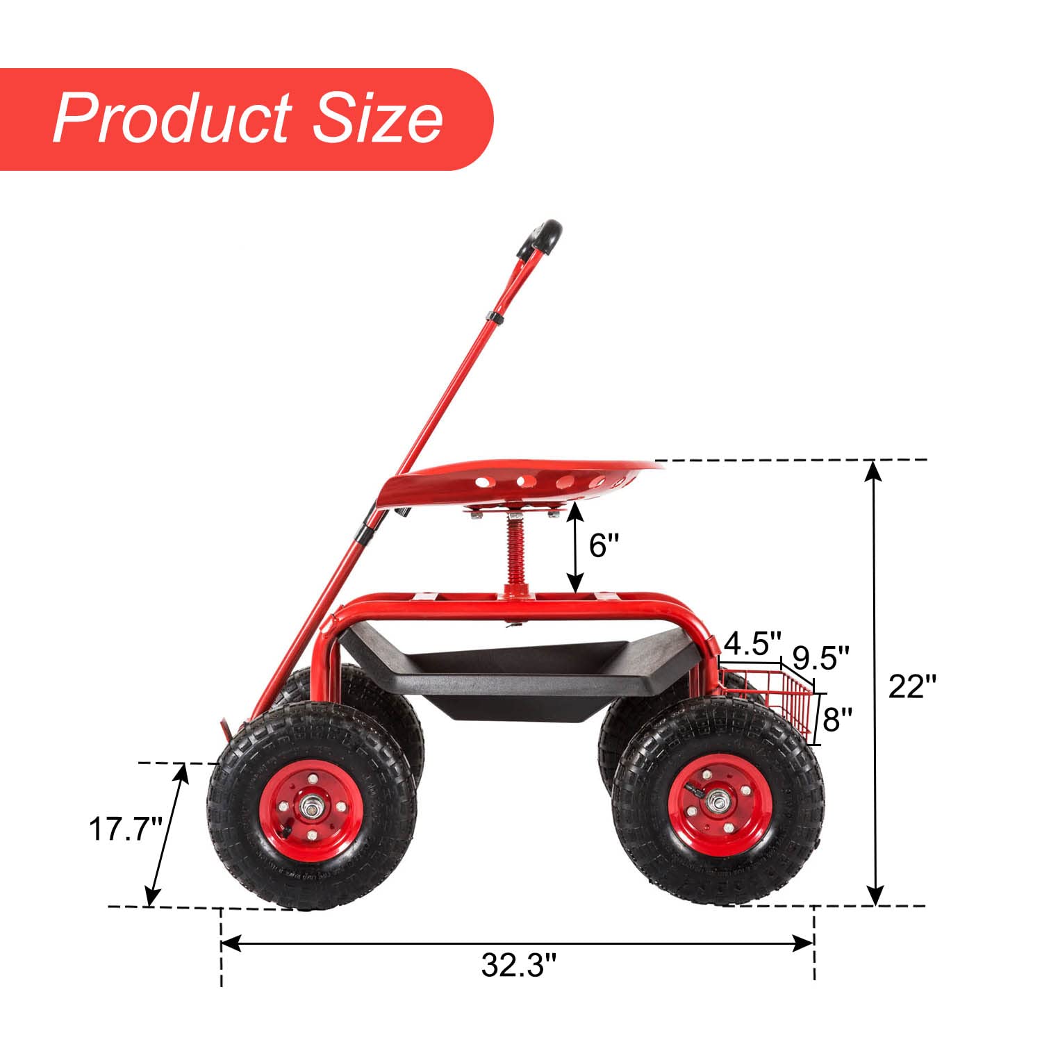 Kinfant Rolling Garden Cart Scooter Stool - Heavy Duty Wheeled Gardening Cart with Adjustable Handle & 360° Swivel Seat | Perfect for Outdoor Gardening, Landscaping & Yard Work (Red)