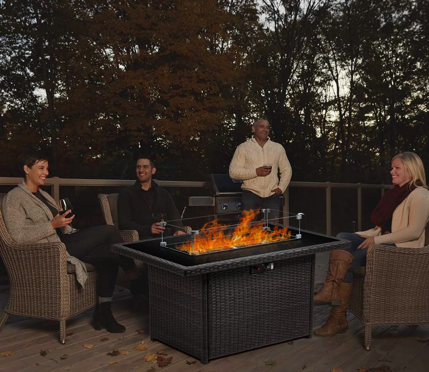 44 Inch 55000 BTU Outdoor Propane Fire Pit Table with Glass Wind Guard - Rectangular Patio Heater for Deck, Backyard, Garden (Brown Glass Top) | Perfect for Outdoor Entertaining, Camping & Cozy Nights
