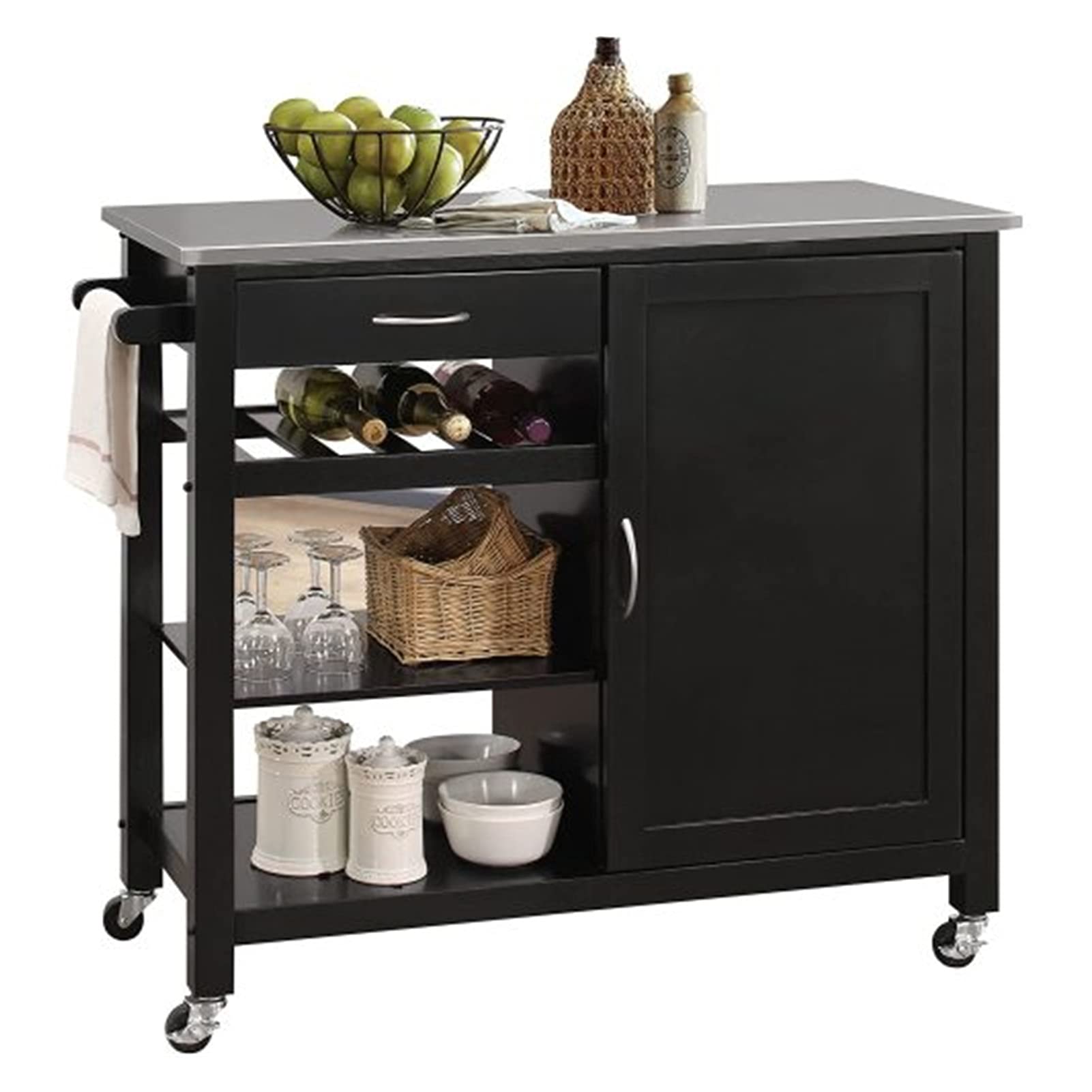 TOPOU Stainless Steel & Black Kitchen Cart with Storage Shelf - Space Saving Kitchen Island for Small Spaces, Perfect for Ottawa Apartments & Compact Homes