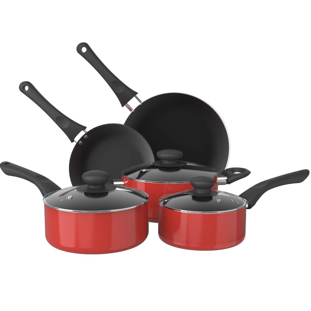 Premium 8-Piece Aluminum Alloy Non-Stick Cookware Set - Pots & Pans with Durable Coating (Red) - Perfect for Home Cooking, Baking & Healthy Meal Prep