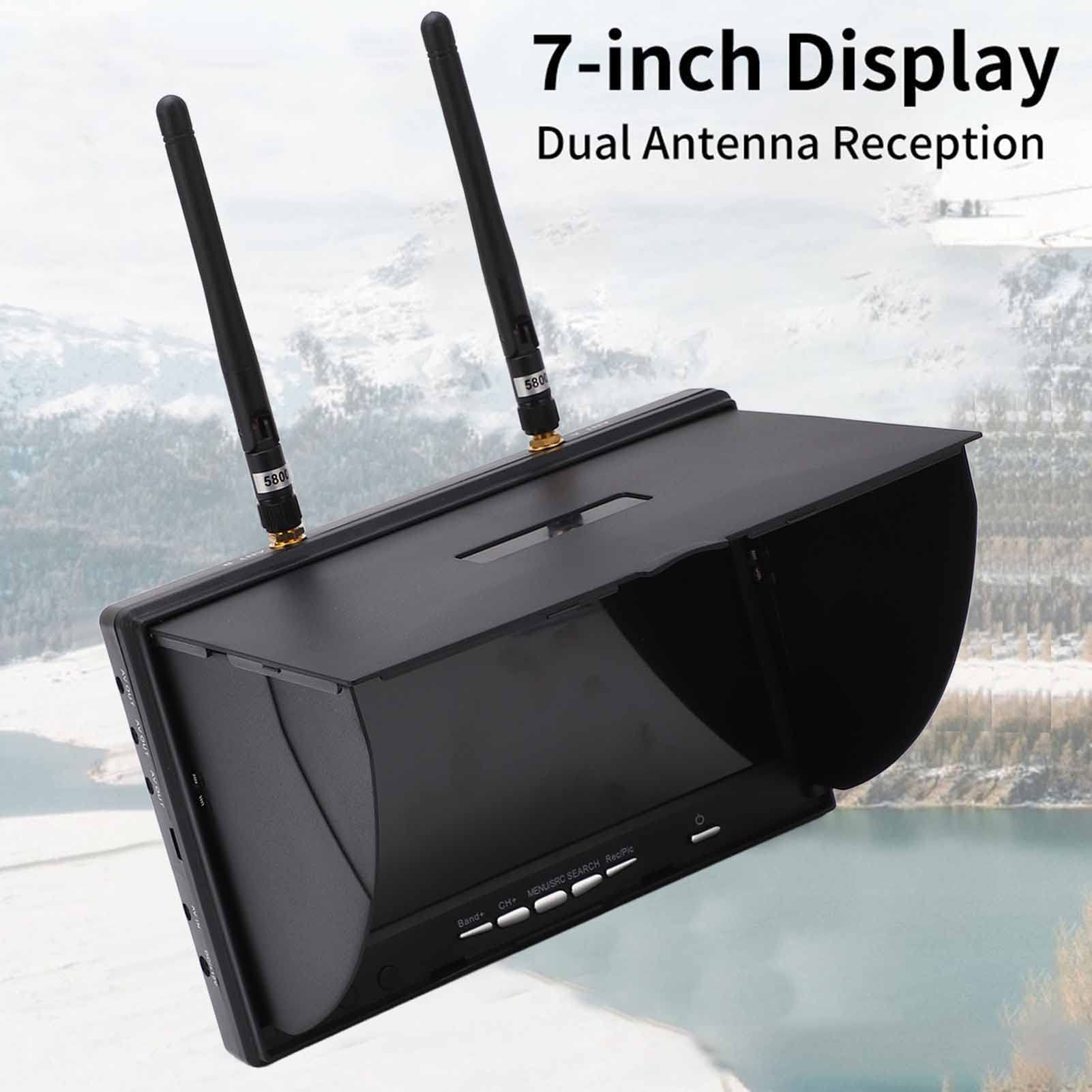 7 Inch FPV Monitor with 800x480 LCD Screen, 5.8GHz 40 Channels Dual Receiver for Drone Racing - Auto Antenna Switching, Ideal for FPV Drones, Quadcopters and RC Aircraft Flying