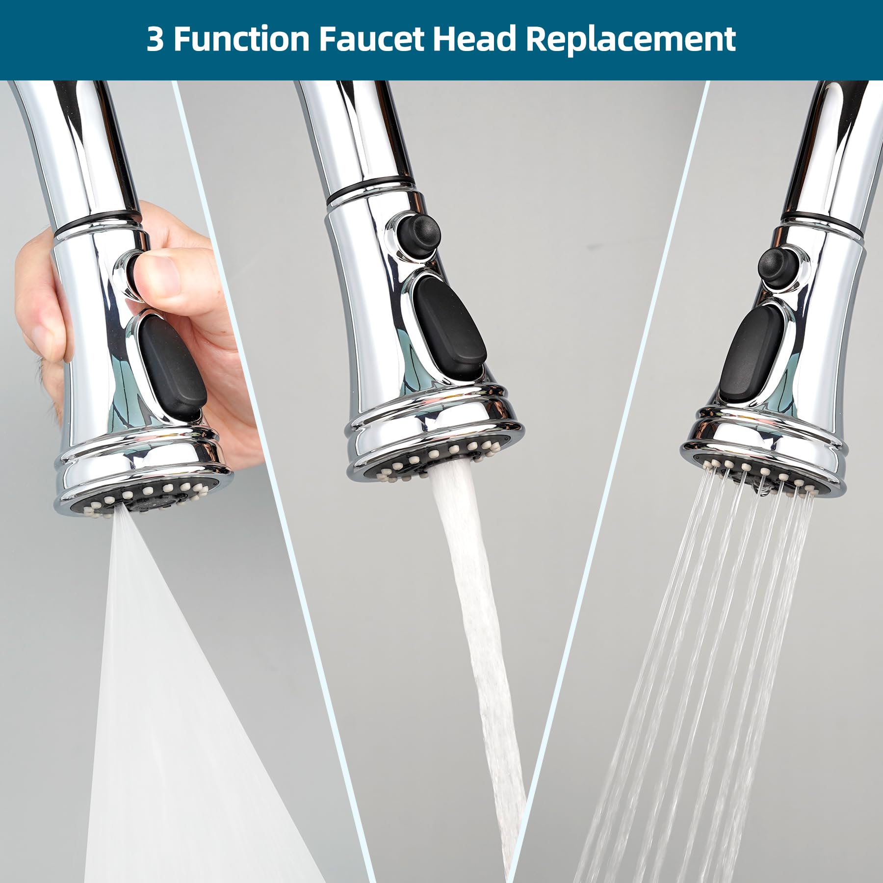 Hygie 3-Function Pull Down Kitchen Faucet Spray Head Replacement with 15 Adapter Kit - Chrome Finish Pull Out Sink Sprayer Nozzle for Modern Kitchen Faucets | Perfect for Washing Dishes, Cleaning Sinks & Food Prep