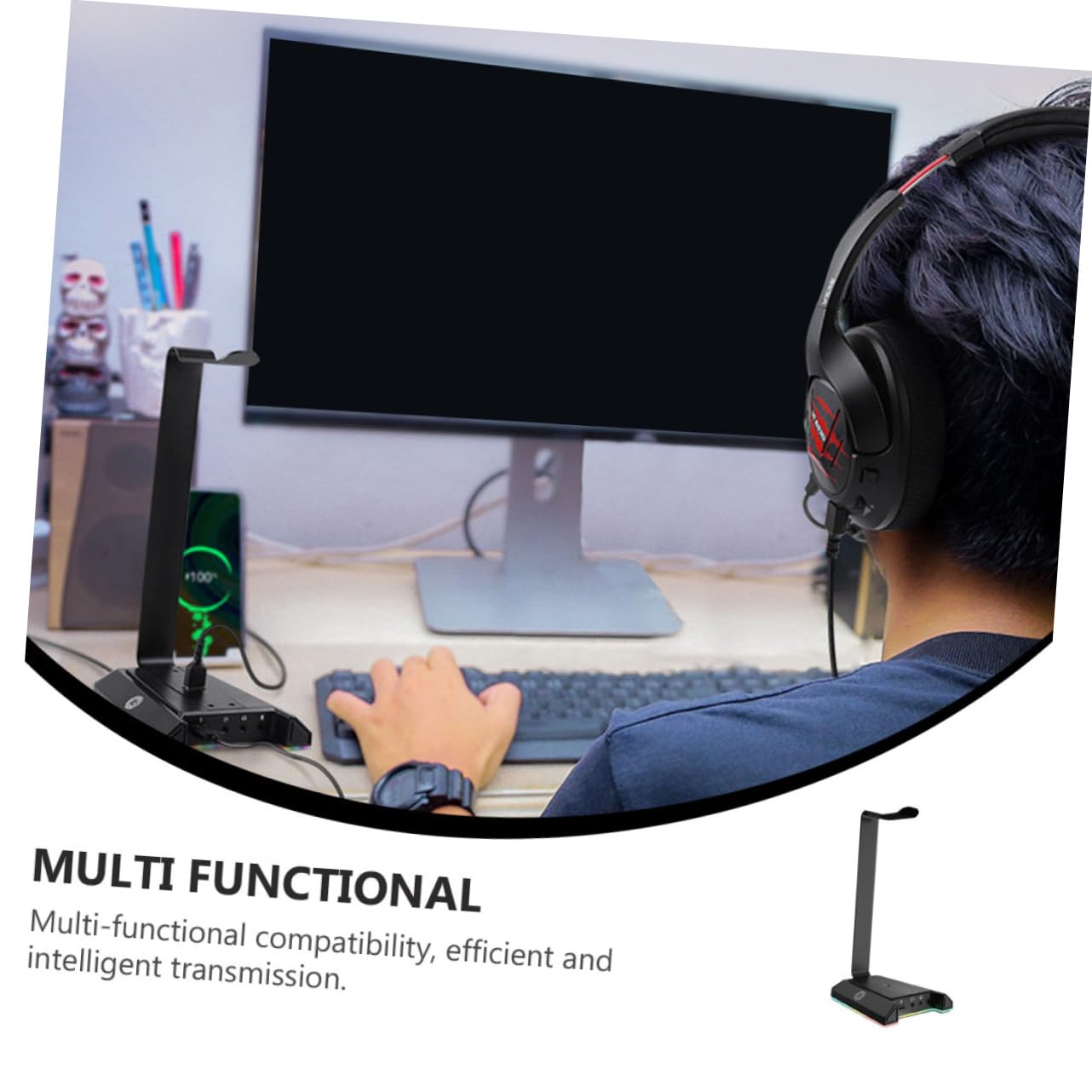 RGB Gaming Headset Stand with Hanger Hook - Universal Desktop Headphone Holder for Computer, PC, PS4, PS5 - Durable ABS Earphone Stand for Office, Gaming Setup & Home Use