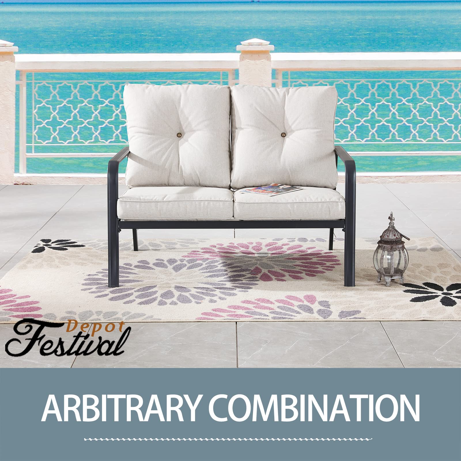 All-Weather 2-Seater Outdoor Loveseat with Metal Frame & Detachable Cushions - Patio Sofa for Porch, Balcony, Deck & Poolside - Beige - Perfect for Relaxing, Entertaining & Enjoying Outdoor Spaces