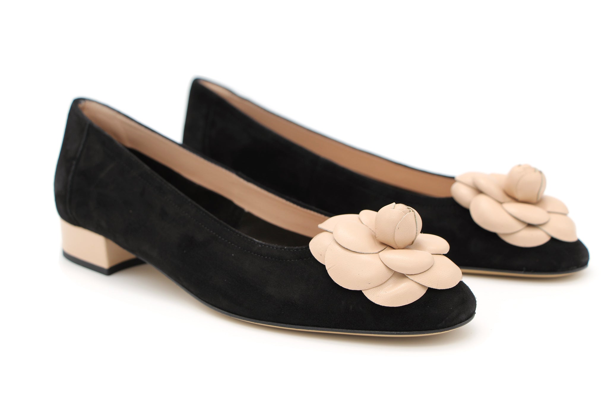 FABUCCI Women's Black Suede Ballet Flats with Contrast Flower Design - Comfortable Slip-On Shoes for Work, Office & Casual Outfits