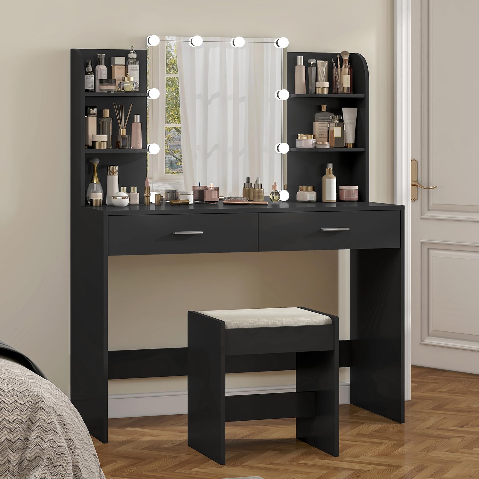 USIKEY Makeup Vanity Desk with LED Mirror & 10 Lights - Dressing Table Set with 2 Drawers, Open Shelves & Cushioned Stool (Black) - Perfect for Bedroom, Bathroom & Beauty Salon Organization
