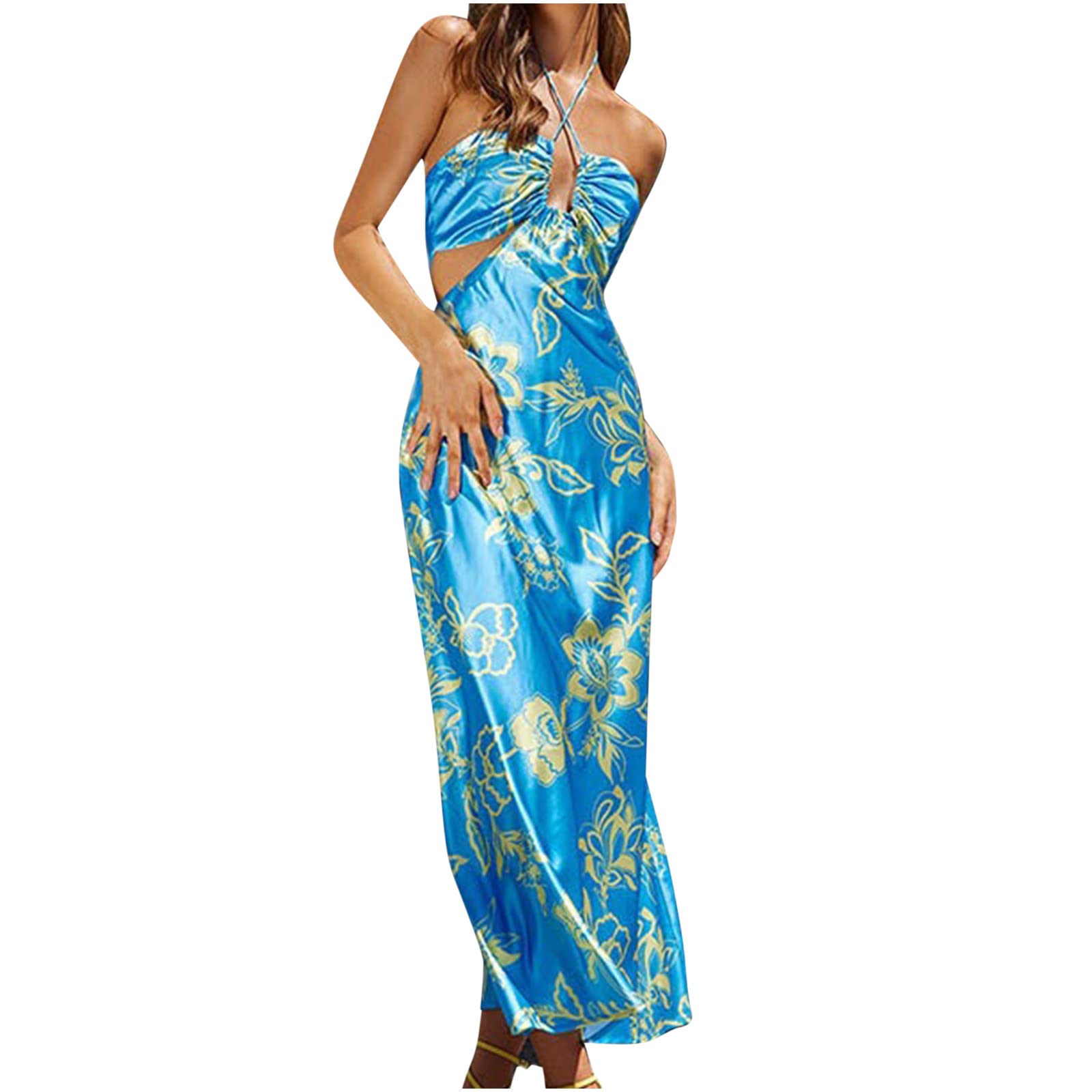 BmkBWO Women's Floral Print Sexy Halter Maxi Dress - Crisscross Cutout Long Cocktail Party Dress for Wedding Guest, Beach Vacation & Evening Events