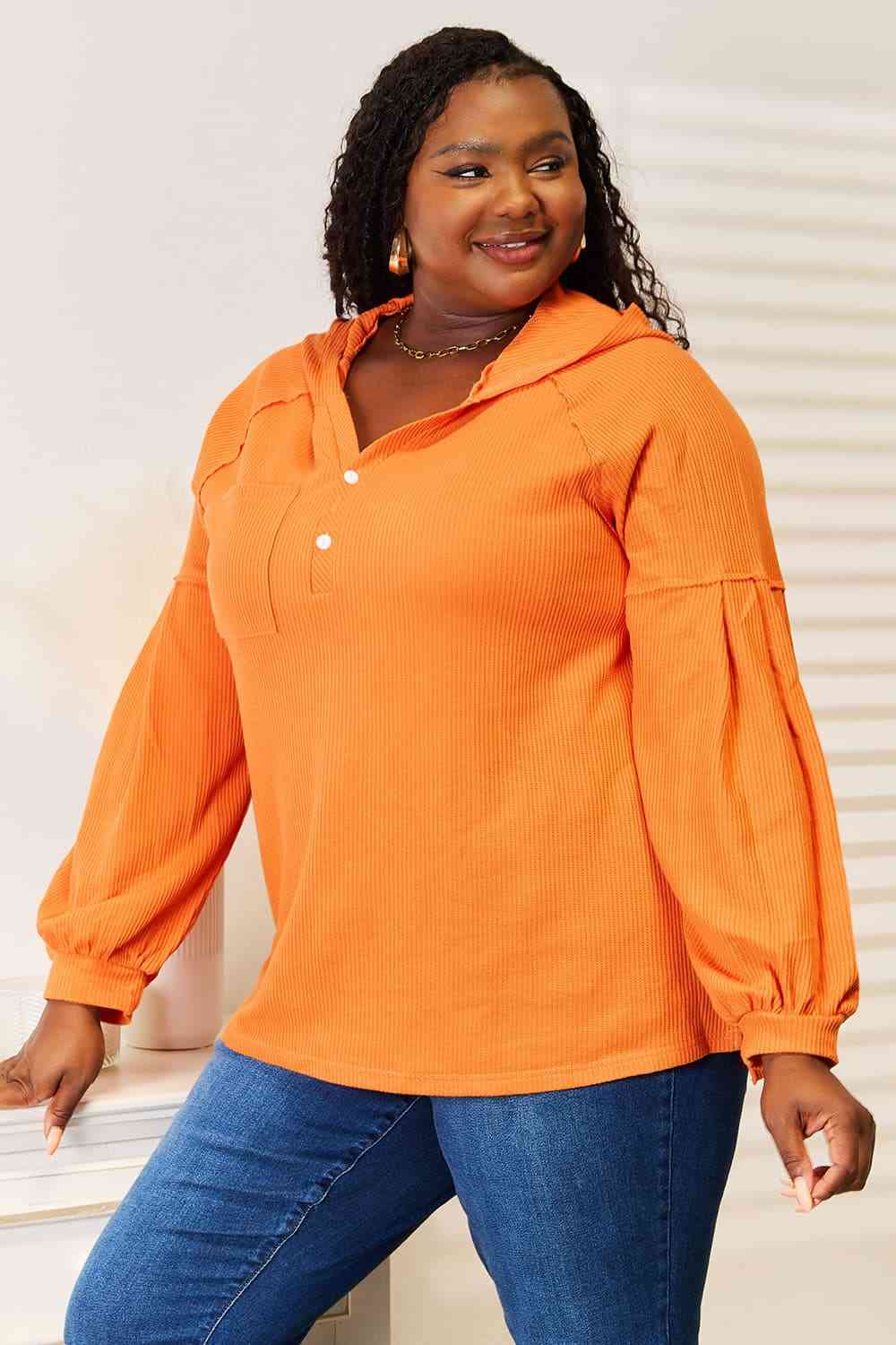 Orange Side Slit Buttoned Waffle Knit Hoodie for Women - Cozy Casual Pullover with Pockets for Fall & Winter Layering
