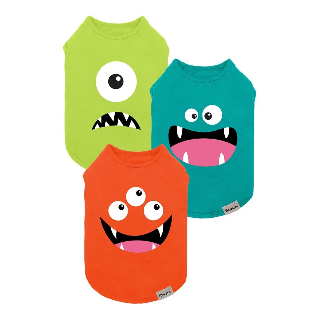Fitwarm 3 Pack Monster Dog Shirts - Lightweight Funny Pet T-Shirts for Small Dogs (Orange, Green, Teal) - Summer Clothes for Puppies & Adult Dogs - Perfect for Daily Walks, Pet Parties & Photo Shoots