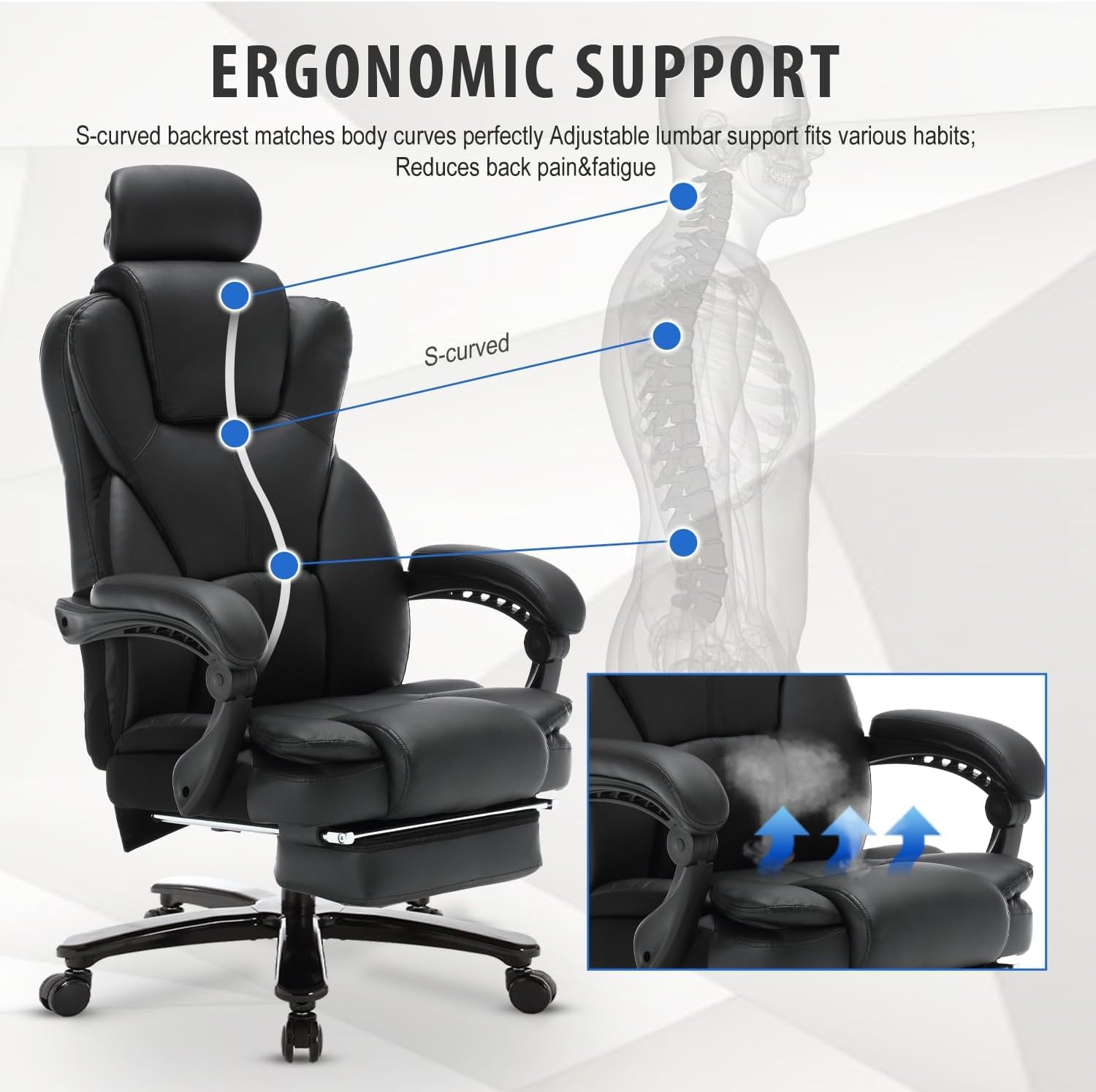 400lbs Heavy Duty Reclining Office Chair with Footrest - Ergonomic PU Leather Big & Tall Executive Desk Chair for Home & Office - High Back Managerial Chair with Wheels (Black) - Perfect for Long Work Hours & Relaxation