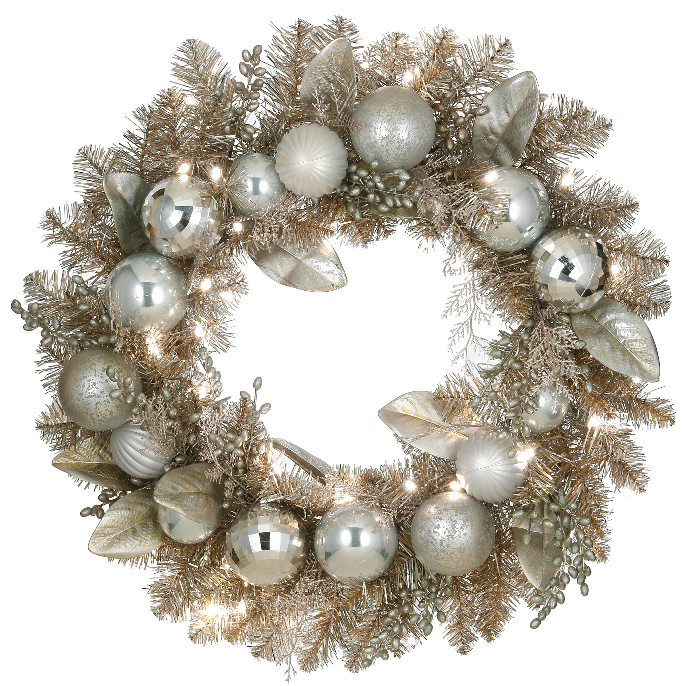 24 Inch Pre-Lit Yuletide Glam Silver Christmas Wreath - Elegant Holiday Decor for Front Door, Mantel & Festive Home Decorating