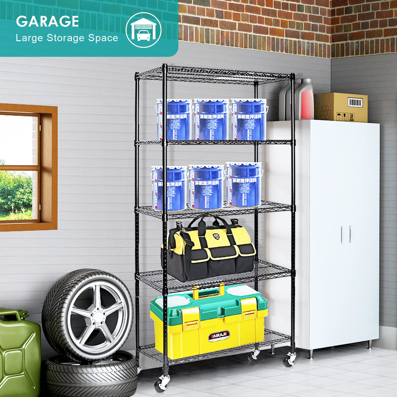 5-Tier Heavy Duty Adjustable Wire Shelving Unit with Locking Wheels - NSF Certified Metal Storage Rack for Kitchen, Pantry, Laundry, Garage & Office Organization - 17.7