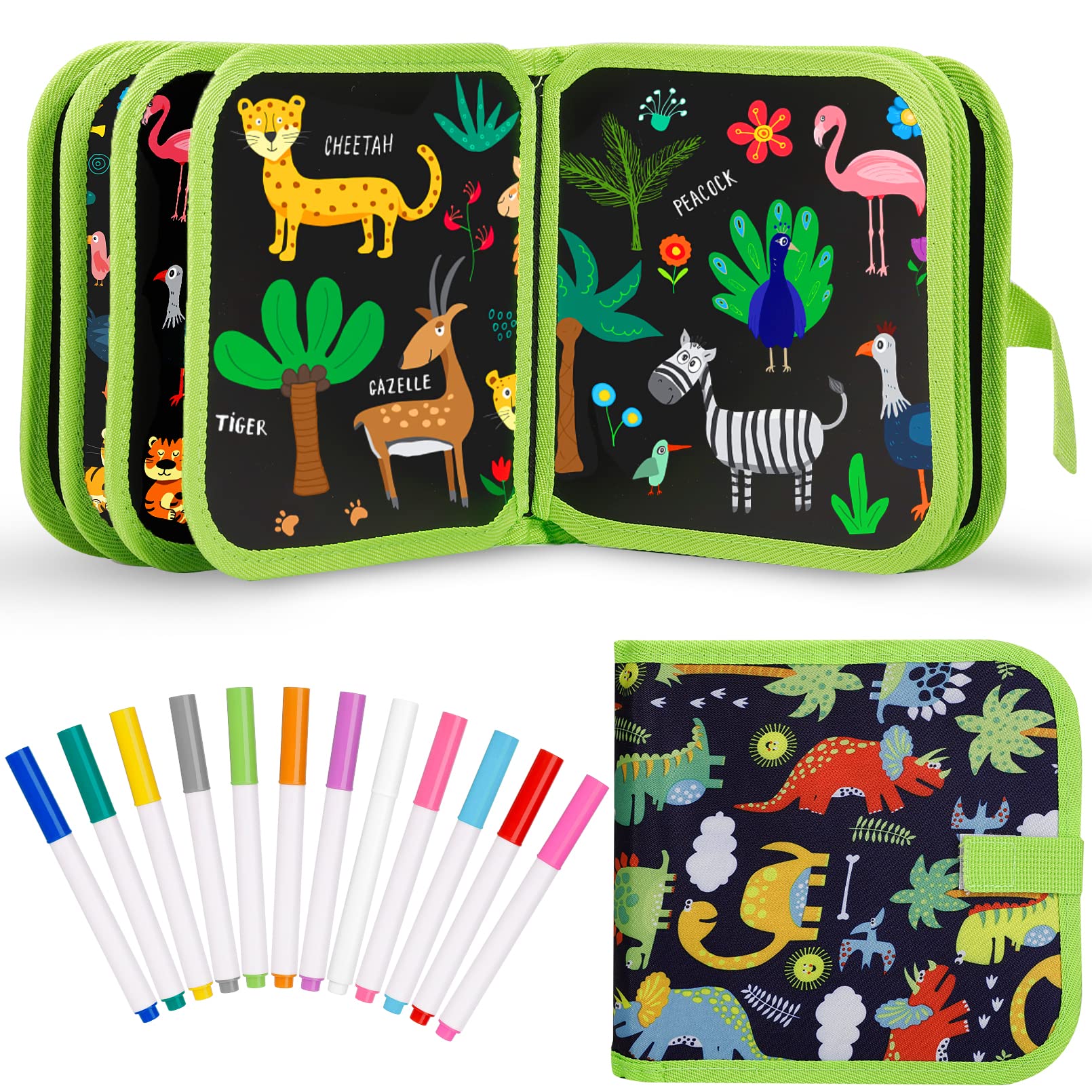 Kids Erasable Doodle Book Set - Reusable Drawing Pads with 12 Watercolor Pens | Preschool Travel Art Toy & Road Trip Activity for Toddlers, Boys & Girls | Perfect for Car Rides, Airplane Travel & Creative Play