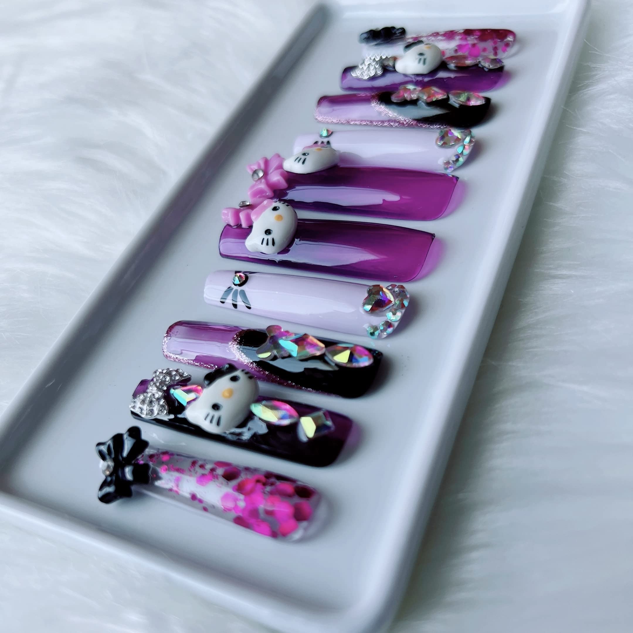 Hello Kitty Bling Press On Nails - Large Long Almond Shape Glamorous Fake Nails for Women & Girls - Perfect for Parties, Weddings, and Special Occasions
