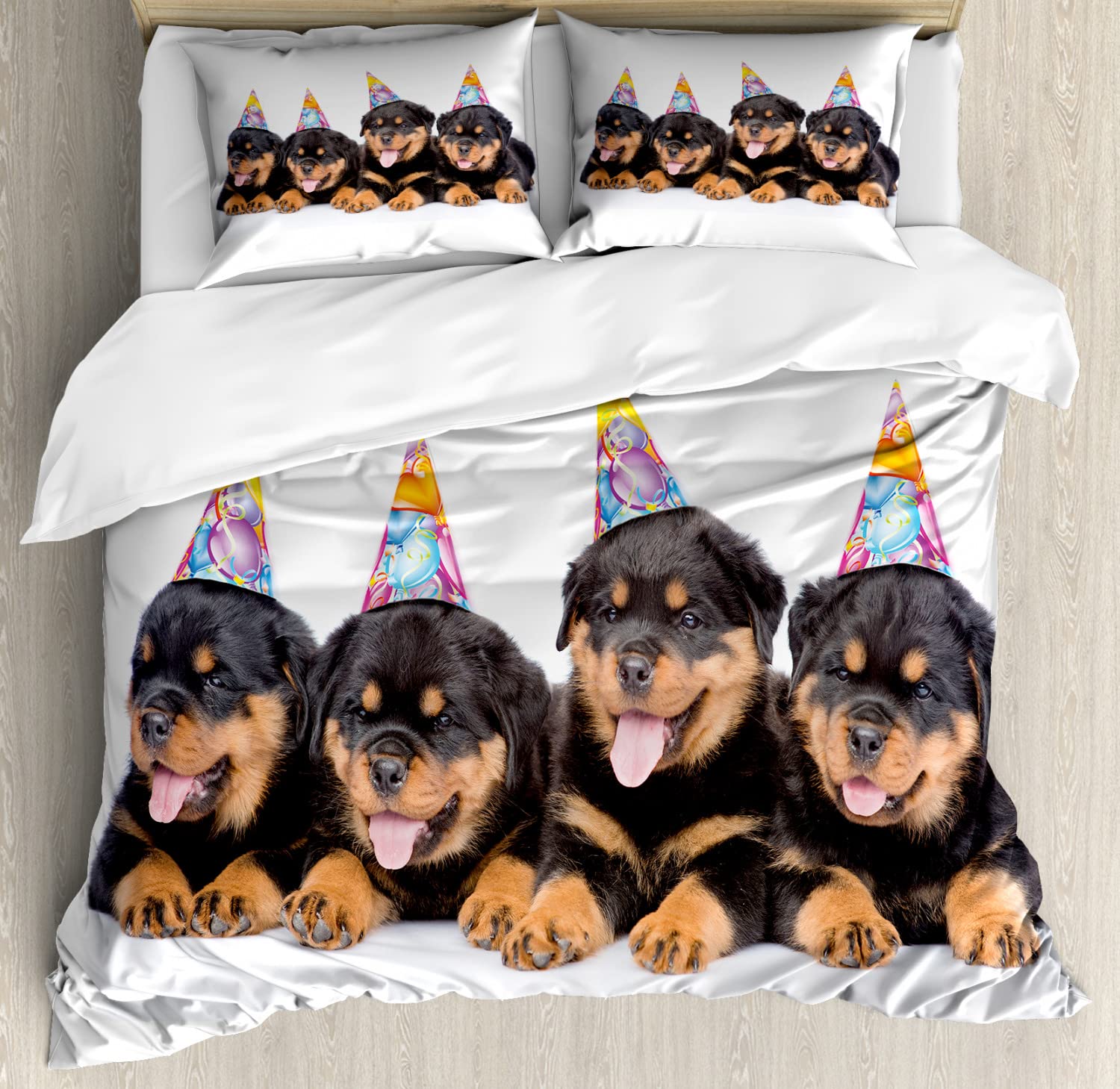 Ambesonne Rottweiler Dog Birthday Duvet Cover Set - 2 King Size Duvet Covers & 4 Pillowcases - Fun Pet Party Theme with Cone Hats Design in Marigold & Black - Perfect for Dog Lovers' Bedroom Decor and Birthday Gift Ideas
