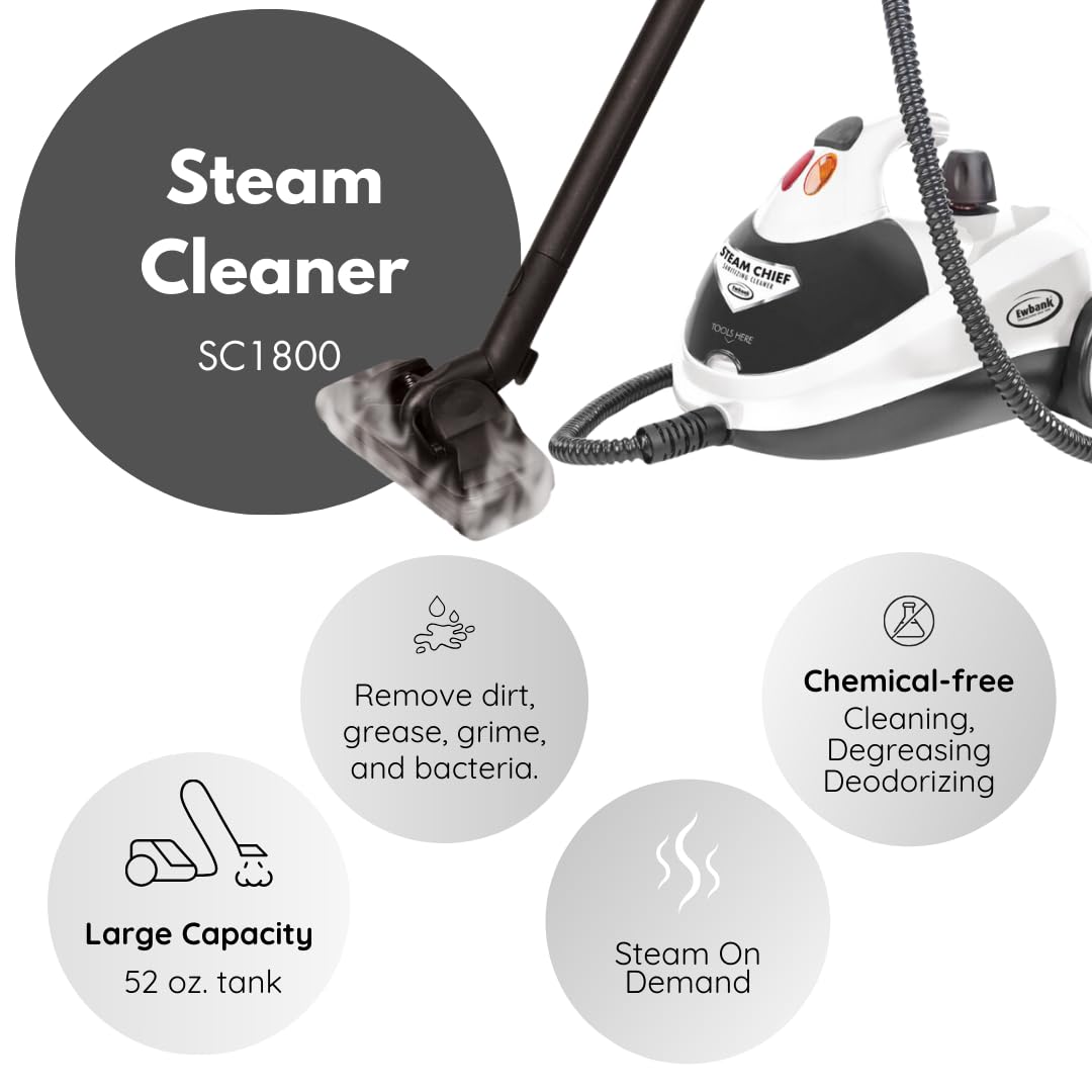 Ewbank 1800W Powerful Steam Cleaner with Attachments - Multi-Surface Cleaning for Carpets, Tiles, Floors, Cars, Upholstery, Bathroom, Kitchen, Windows & Grout | Perfect for Deep Cleaning, Sanitizing and Removing Tough Stains at Home or Office