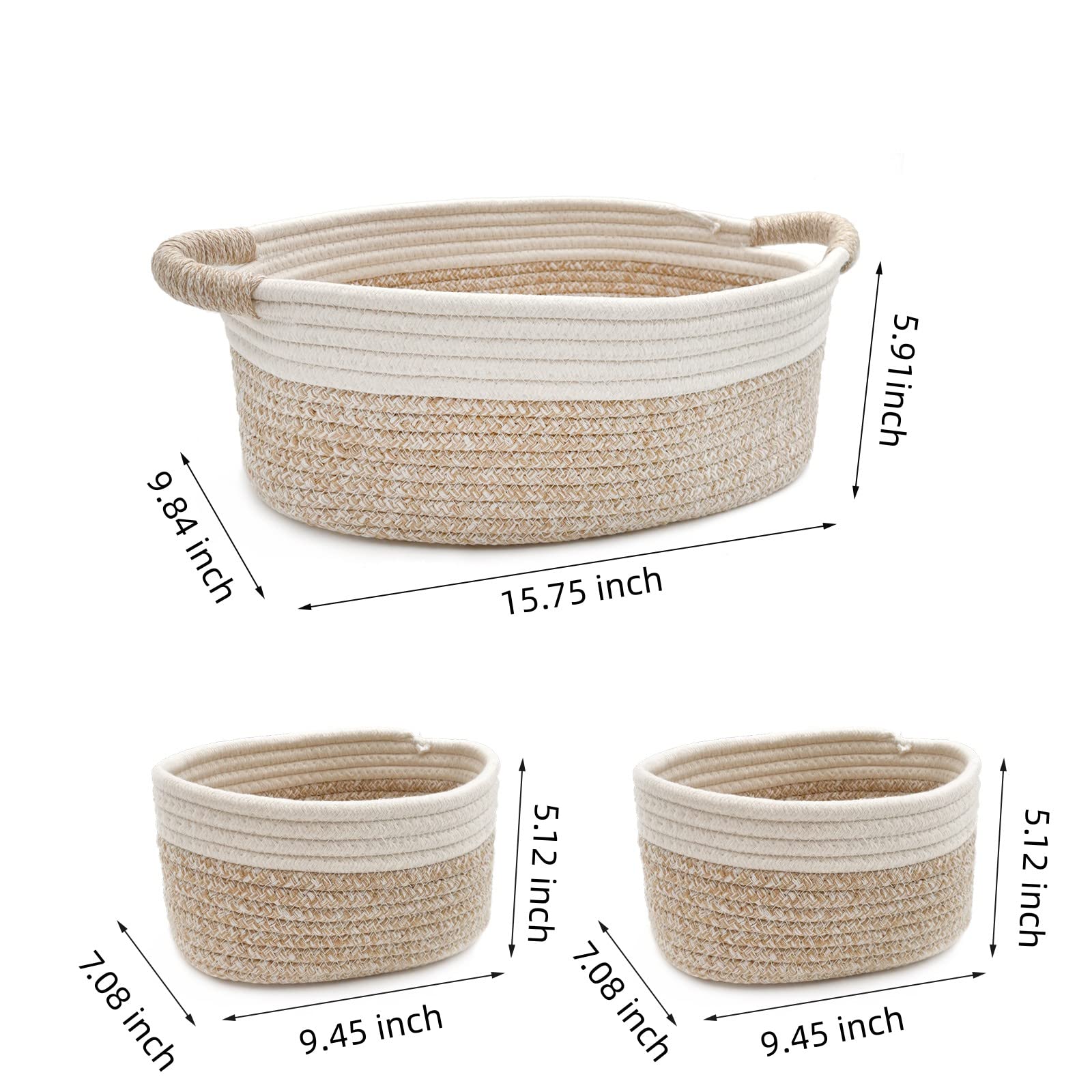 Organic Cotton Rope Storage Baskets Set of 3 - Handwoven Boho Nursery Bins for Baby Diapers, Toys & Home Organization - Perfect for Nursery, Playroom & Boho Home Decor