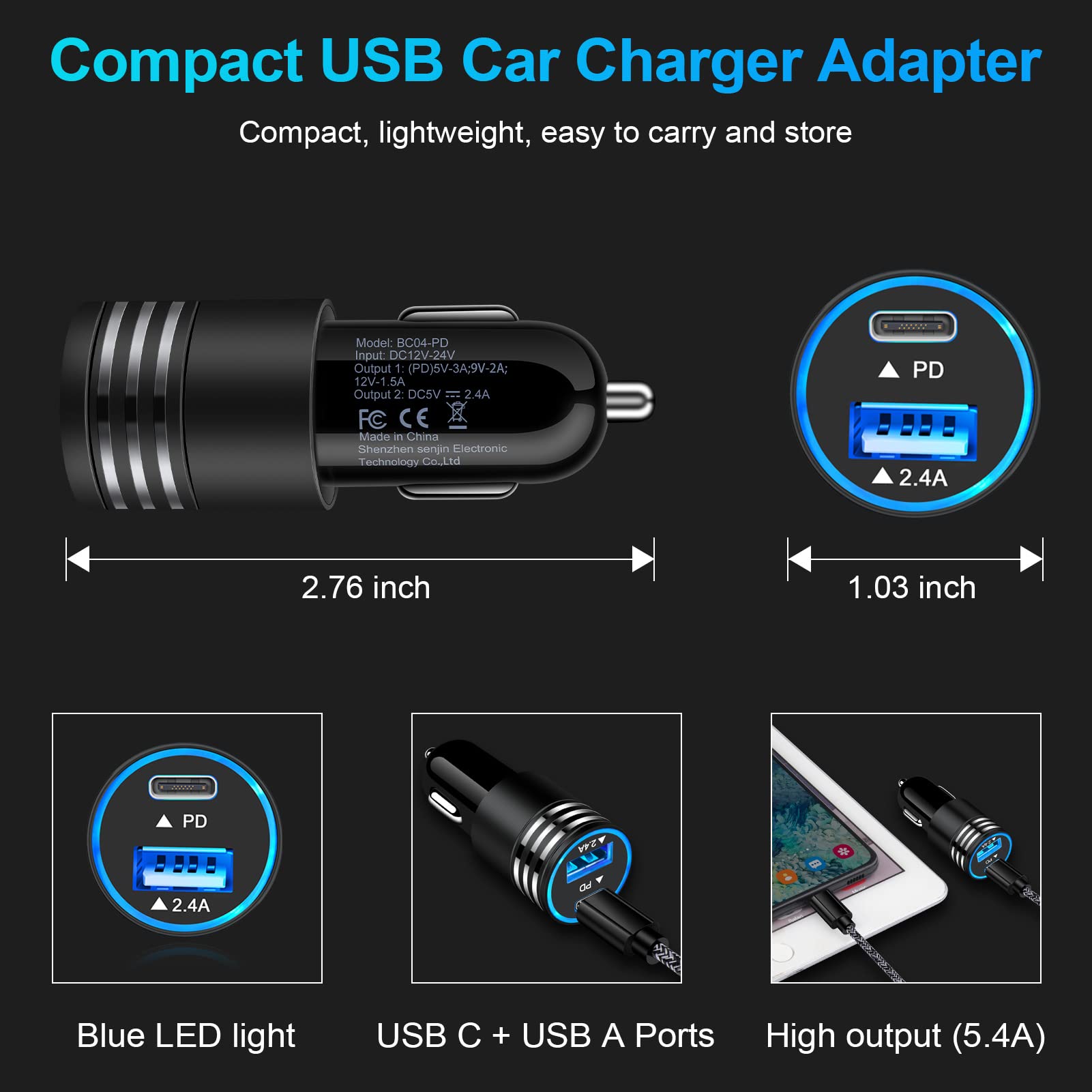 3-Pack 30W USB C Car Charger [PD 3.0 & QC 3.0] - Dual Port Fast Charging Adapter for iPhone 16/15/14/13/12/11 Pro Max/SE/XR/XS/X/8, Samsung Galaxy S24/S23/S22/S21/A13/A53 - Perfect for Road Trips & Daily Commute