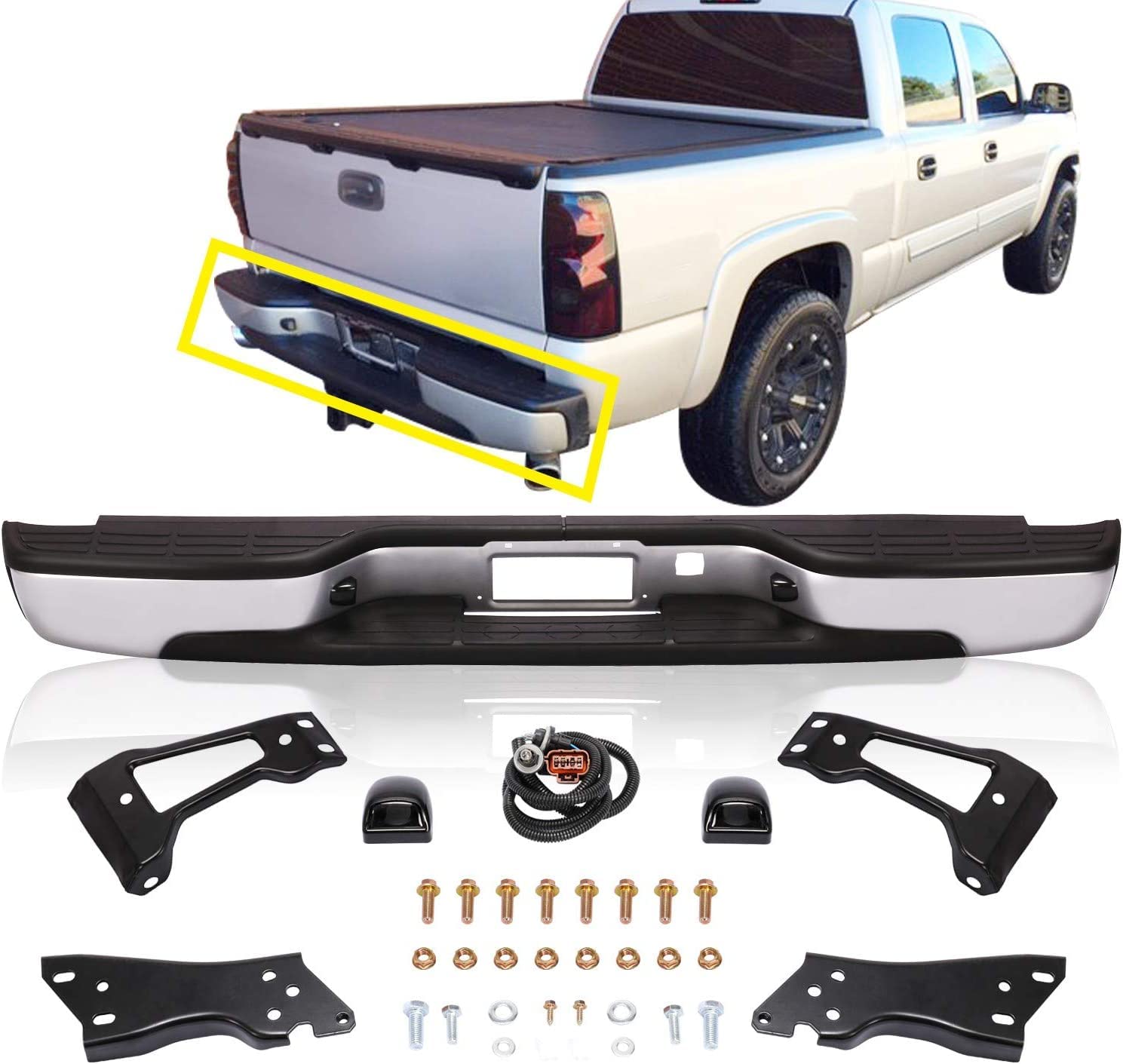 Perfit Liner Rear Silver Step Bumper Assembly for 1999-2007 Chevy Silverado & GMC Sierra 1500/2500 HD | GM1103124 Replacement | Durable Truck Bumper for Off-Road & Towing