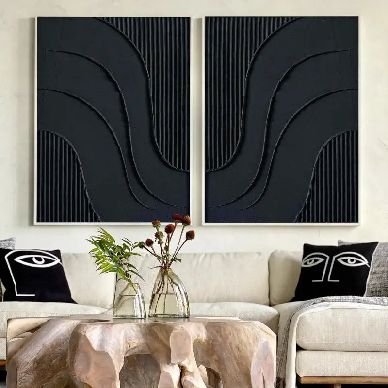 Modern Black Plaster Art Textured Paintings - Set of 2 Minimalist Wall Decor for Living Room, Bedroom & Office | Abstract Home Artwork #MZ027