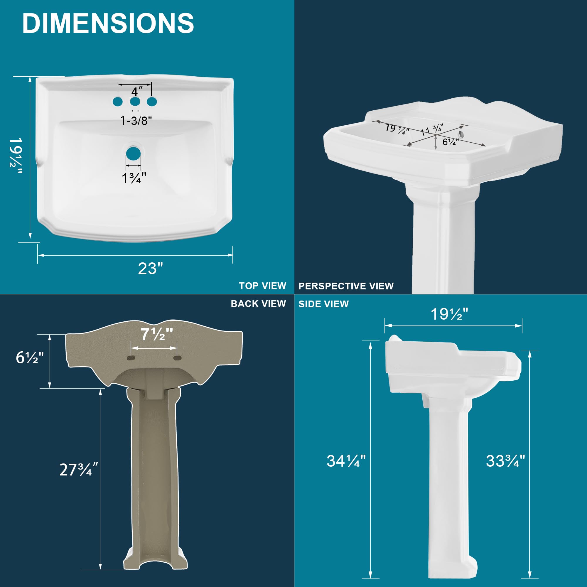 23 x 19 Inch White Porcelain Pedestal Sink with Backsplash - 3 Hole Faucet & Overflow Drain - Modern Rectangular Bathroom Vanity for Small Spaces - Perfect for Powder Rooms, Guest Baths & Apartment Renovations