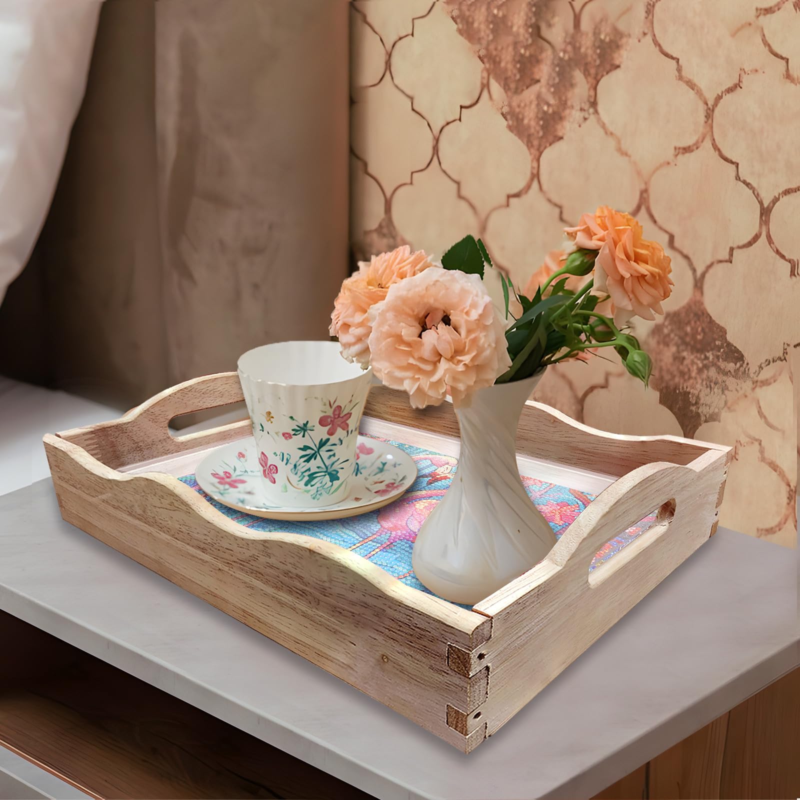 Handmade Diamond Art Wooden Tray - DIY Dot Drilled Rectangle Serving Tray for Restaurant, Snacks, Tea & Coffee | Flamingo Design | Perfect for Home Decor, Gift Giving & Craft Projects