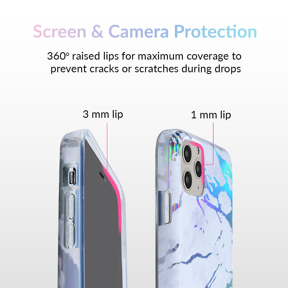 Holo White Marble iPhone Case - Protective Slim Cover for iPhone 13/14/15 Pro Max - Glitter Marble Design - Perfect for Everyday Use, Work & Travel