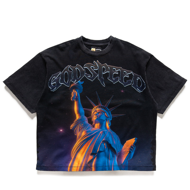 Godspeed New York Purple City Graphic T-Shirt - Black Cotton Streetwear Tee for Urban Fashion & Casual Outfits