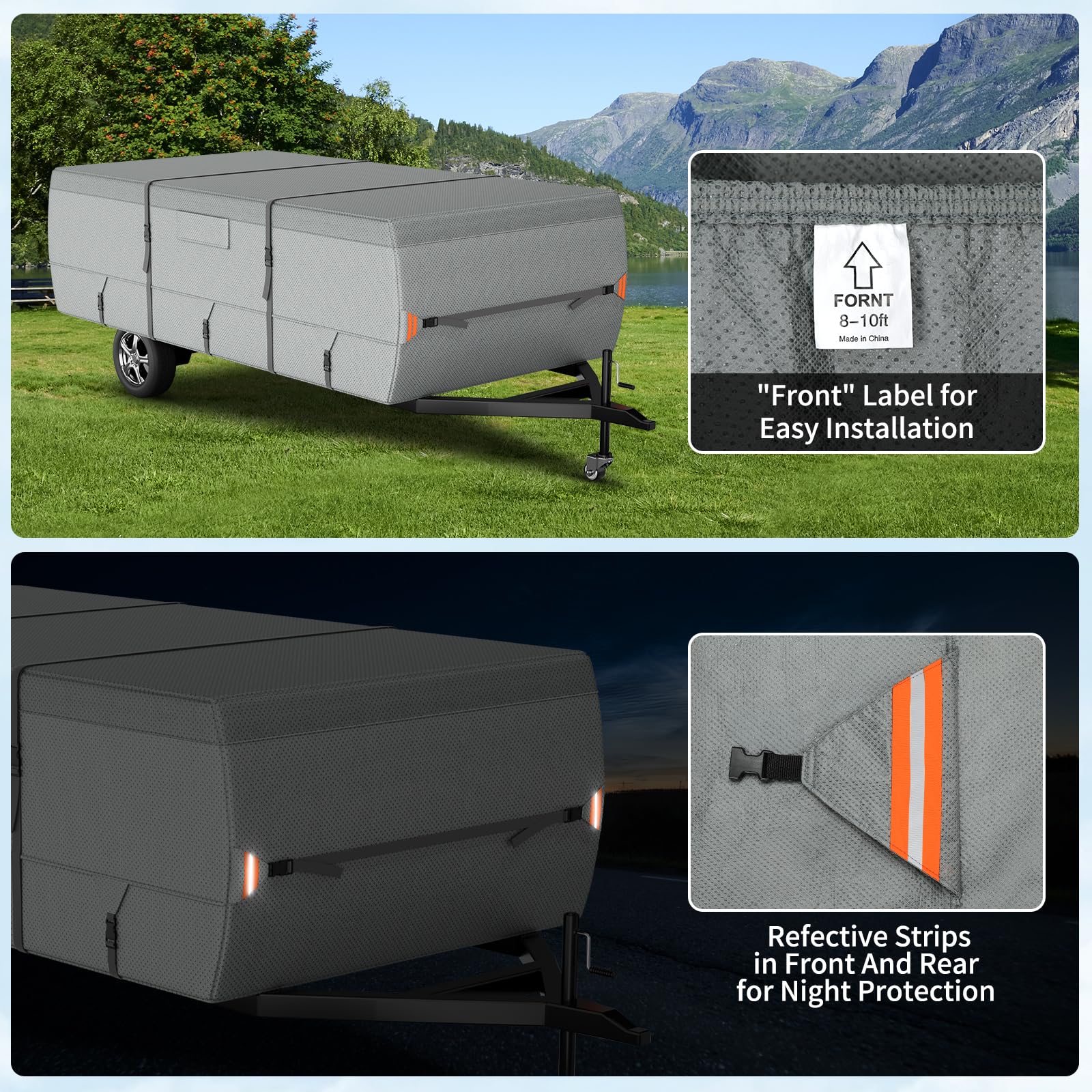 7-Layer Waterproof Pop Up Camper Cover - Heavy Duty RV Trailer Cover for Winter Snow Protection with Windproof 5+2 Straps (14'-16' Length, Gray) | Durable Tear-Resistant Non-Woven Fabric | Perfect for Outdoor Camping, Travel & Winter Storage