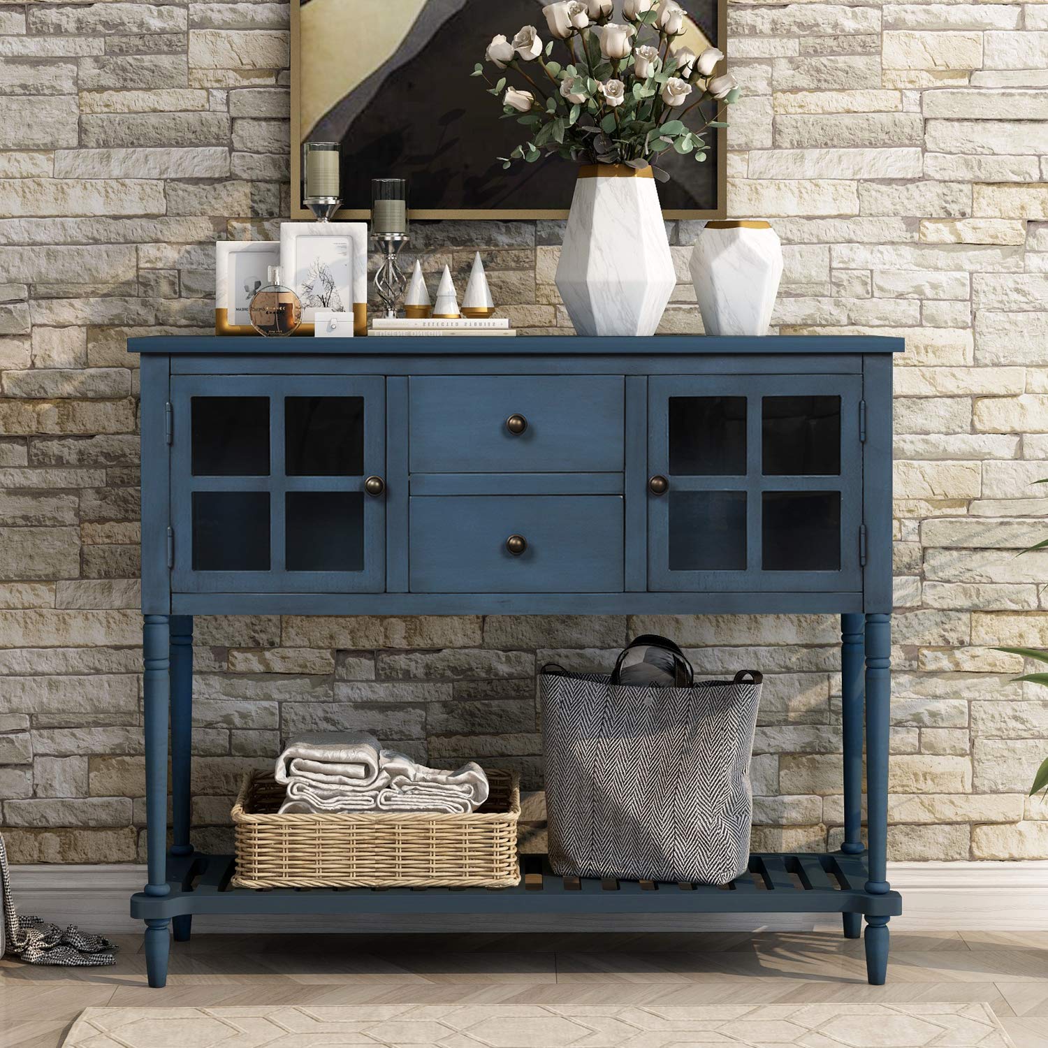 Merax Antique Blue Sofa Table - Buffet Console Table with 2 Storage Drawers, 2 Cabinets & Bottom Shelf - Entryway Sideboard Cabinet for Kitchen, Living Room, Dining Room | Perfect for Home Decor, Small Space Storage & Entertainment Areas