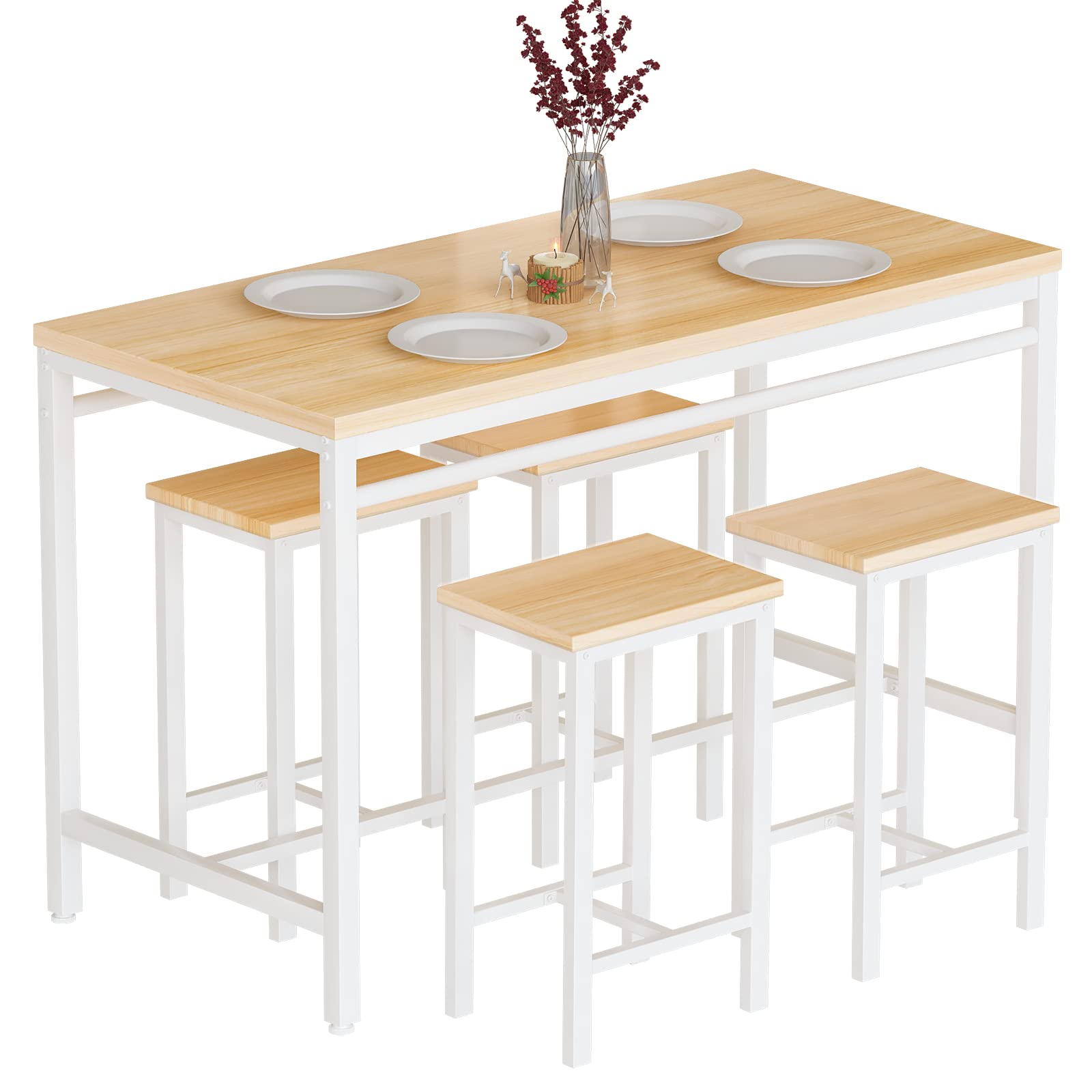 Modern 5-Piece Counter Height Dining Bar Table Set for 4 with 4 Bar Stools - Space-Saving Beige Kitchen & Pub Furniture for Small Apartments, Dining Rooms & Entertaining Areas