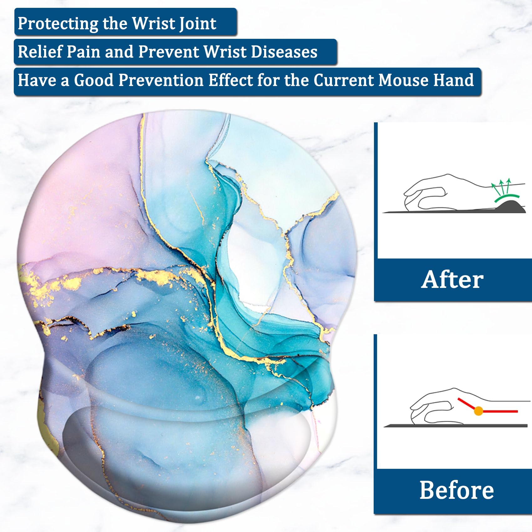 Ergonomic Mouse Pad with Wrist Support - Pain Relief Comfort for Office, Gaming & Study - Non-Slip PU Base Computer Mouse Pad (Pink Blue Marble) - Perfect for Home Office, PC Gaming & Long Work Sessions