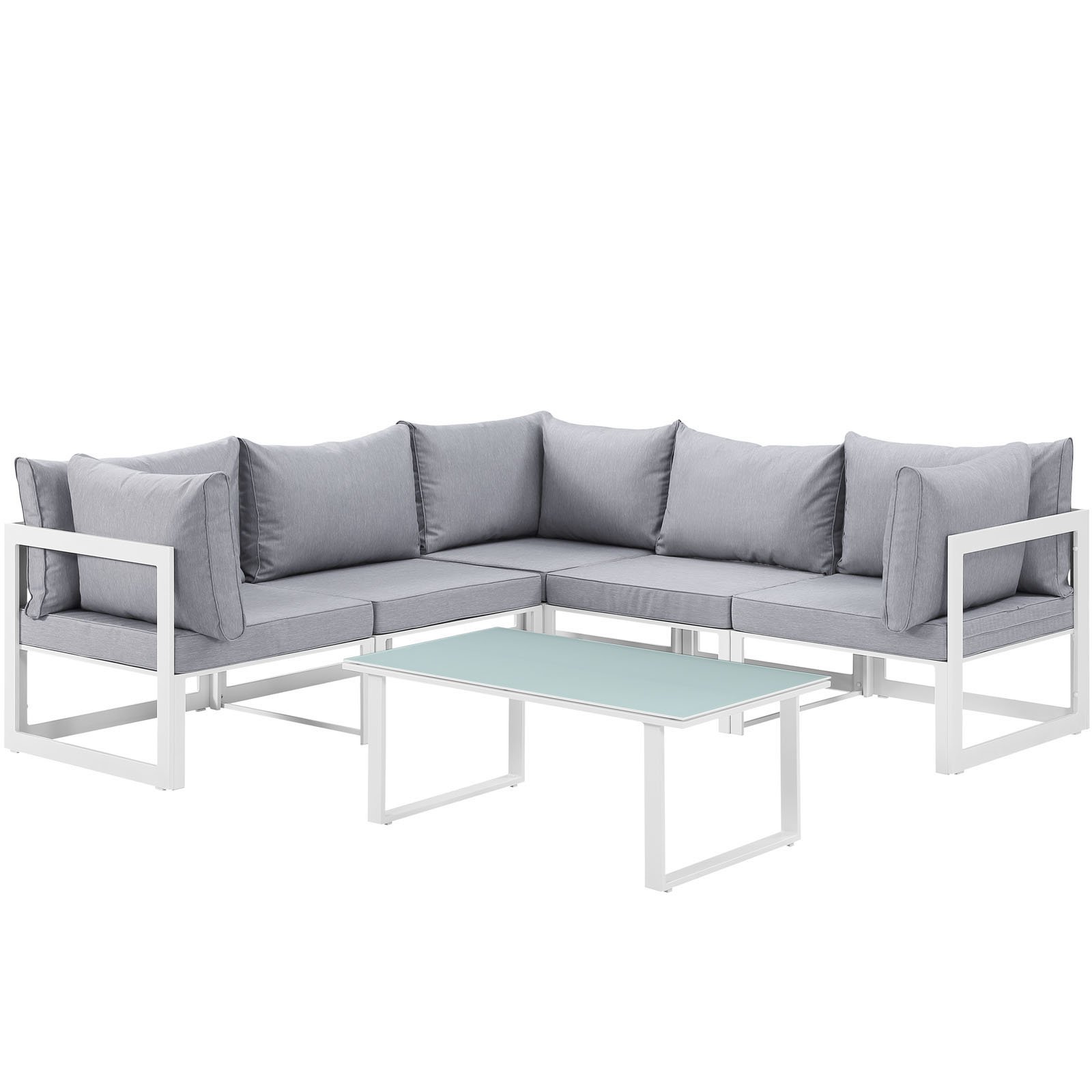 Modern Urban Contemporary 6-Piece Outdoor Patio Sectional Sofa Set with White Grey Fabric & Steel Frame – Perfect for Backyard, Poolside, and Garden Relaxation
