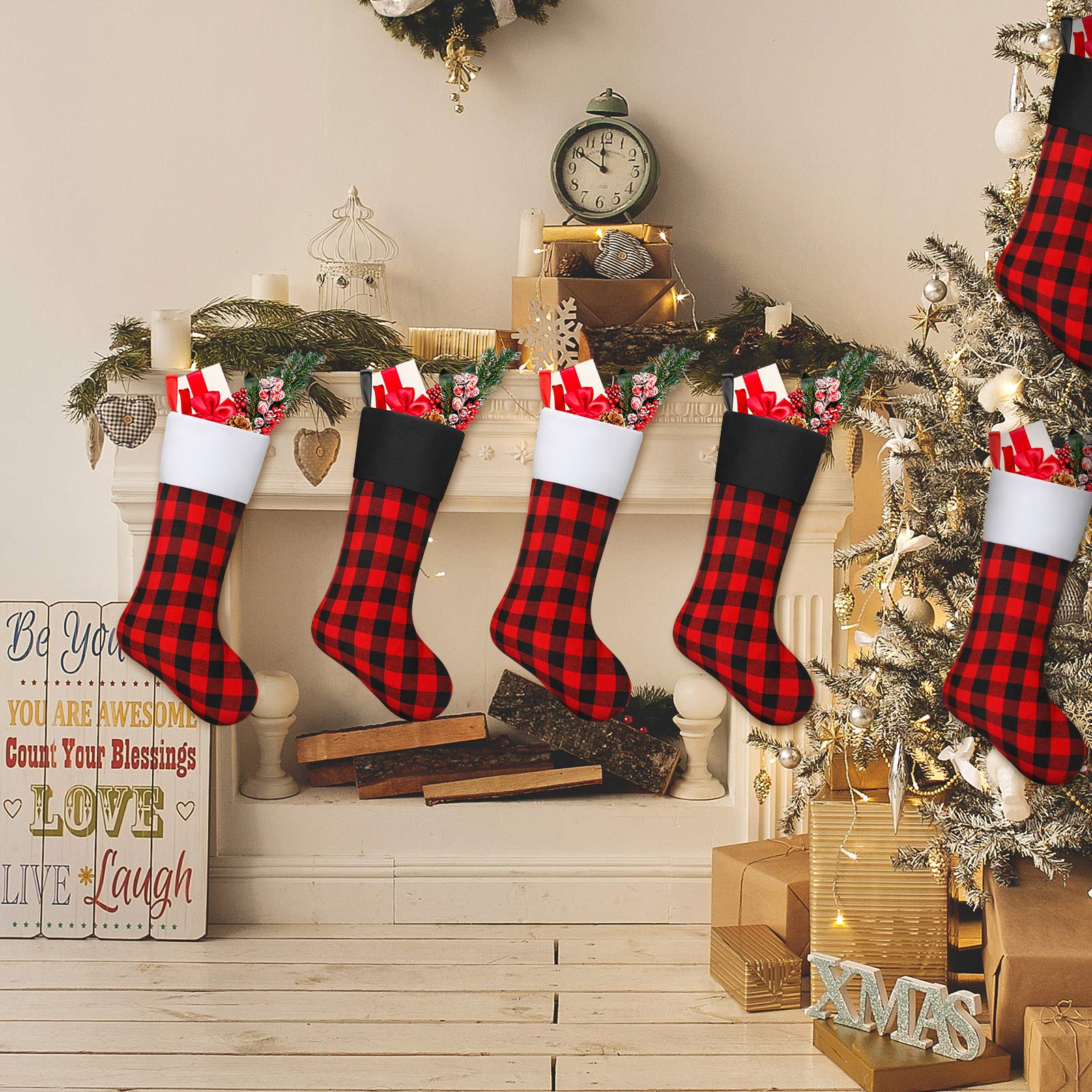 Skylety 20 Inch Christmas Stockings - Plaid Holiday Stockings with Faux Fur Cuff for Fireplace Decor - Family Xmas Party Decorations (Set of 6, Black Red with Black White Cuff) - Perfect for Christmas Tree, Mantel, and Festive Home Decor