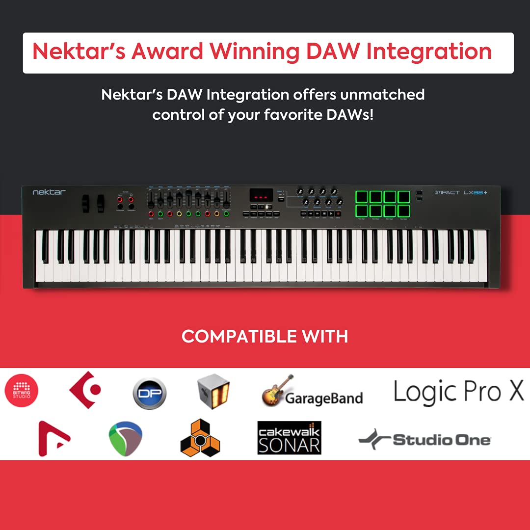 Nektar Impact LX88+ 88-Key USB MIDI Keyboard Controller with Semi-Weighted Keys - Perfect for Music Production, Studio Recording & Live Performance