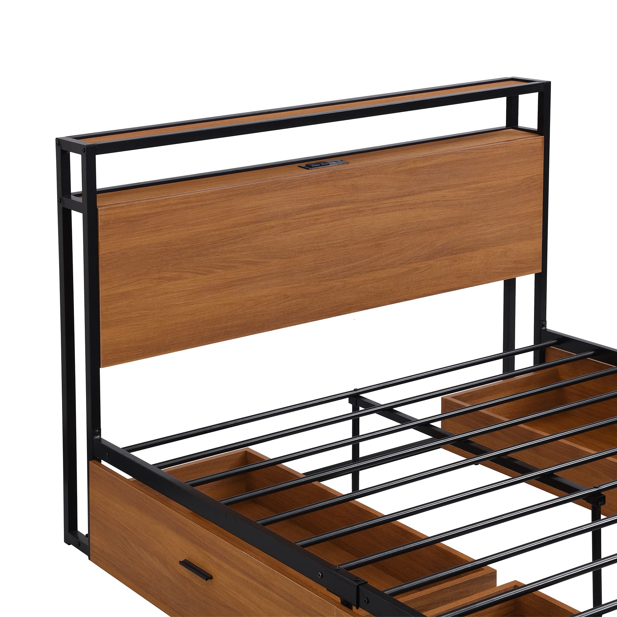 Full Size Platform Bed Frame with USB Ports & Outlets - Modern Metal Bed with Storage Drawers, Sturdy Slat Support & Center Leg - No Box Spring Required (Black, Full Size) - Perfect for Small Spaces & Modern Bedrooms